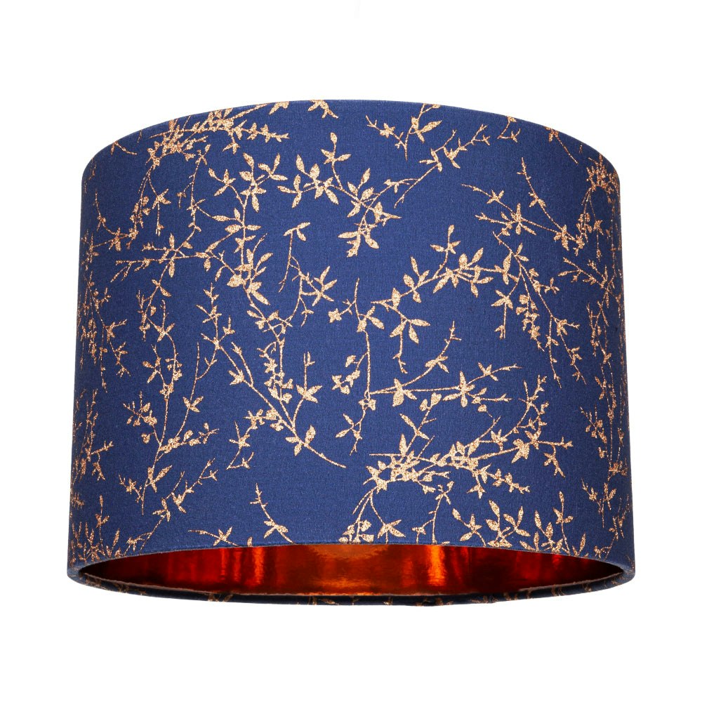 Happy Homewares Blue Modern Midnight Cotton Fabric 10" Shade With Copper Foil Floral Decoration