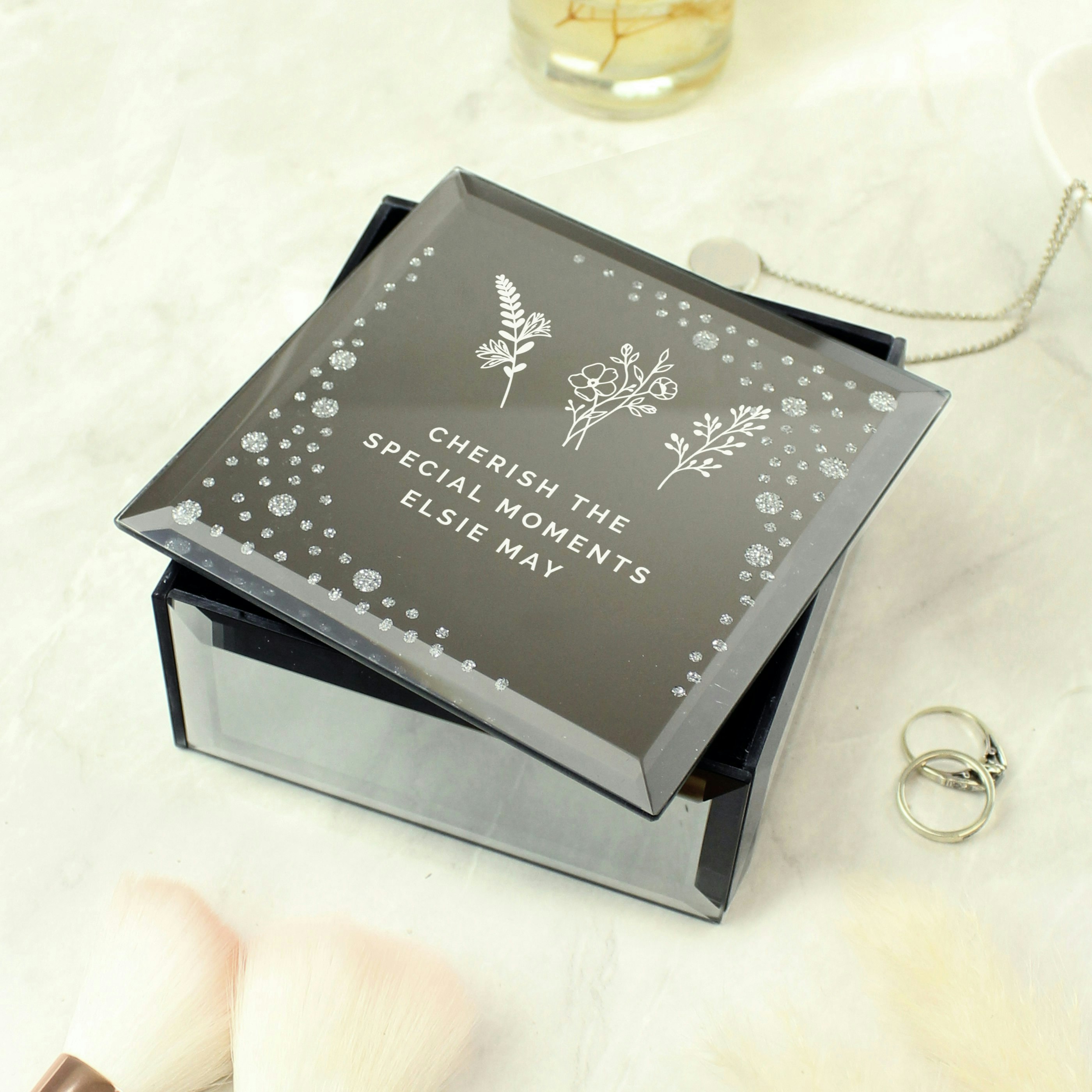 Personalised Memento Company Black Personalised Floral Diamante Mirrored Trinket Box