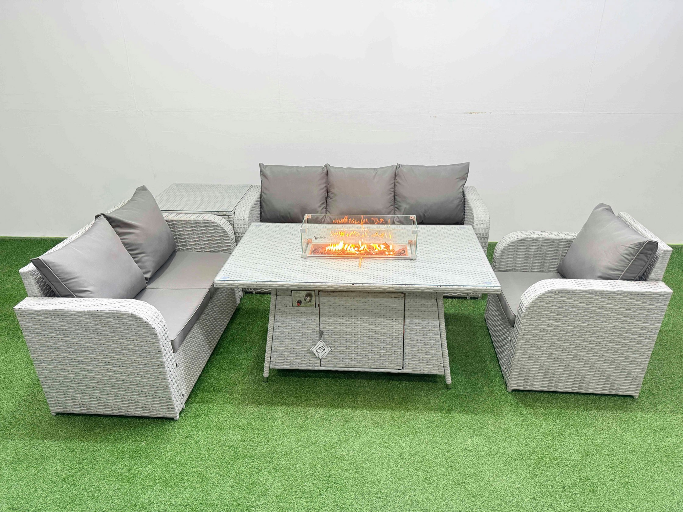 Fimous Light/Grey 6 Seater Outdoor Rattan Furniture Sofa Sets With Fire Pit Dining Table Reclining Chair Loveseat Sofa 3 Seater Sofa Side Table