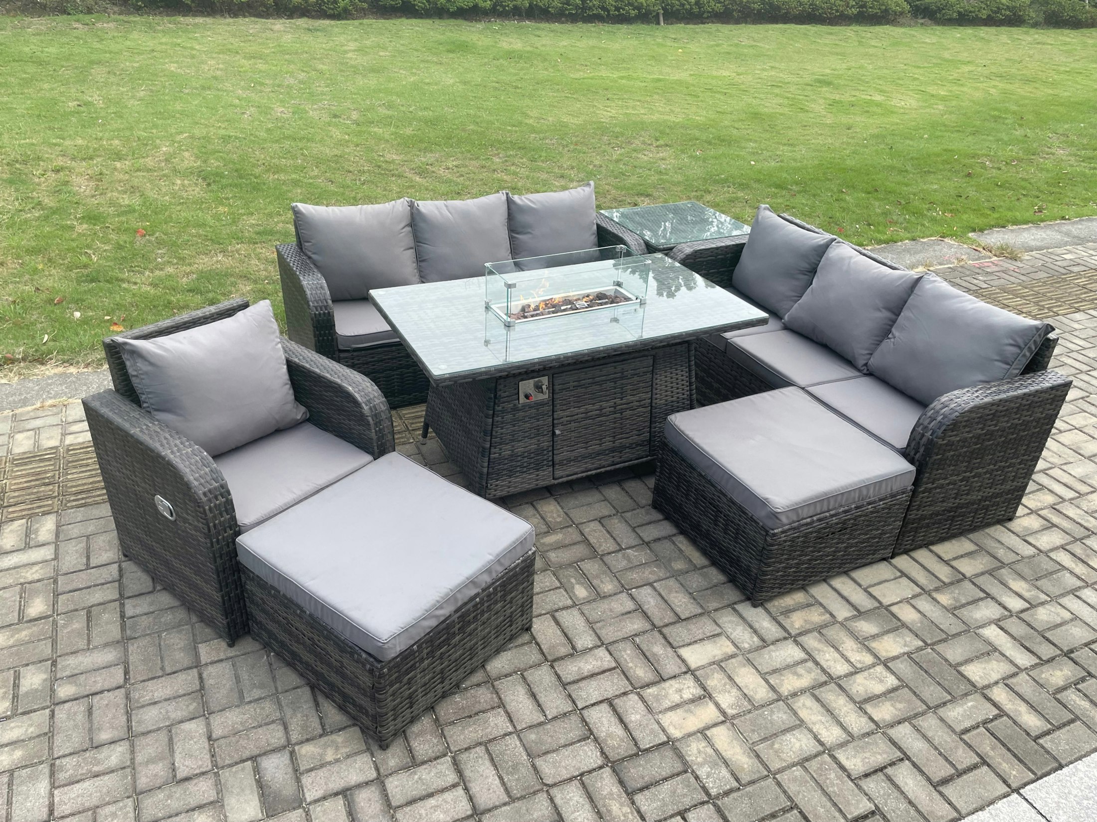 Fimous Dark/Grey 9-Seater Rattan Gas Fire Pit Dining Set | Indoor/Outdoor Reclining Chair, 3-Seater Sofa, Side Table, 2 Footstools