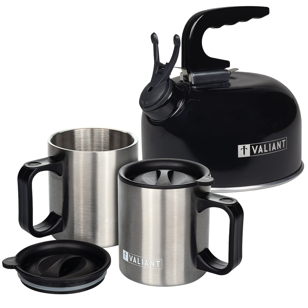 Valiant Black Camping Kettle & Insulated Mugs Pack - 3 Pack - Kettle And Mug Set