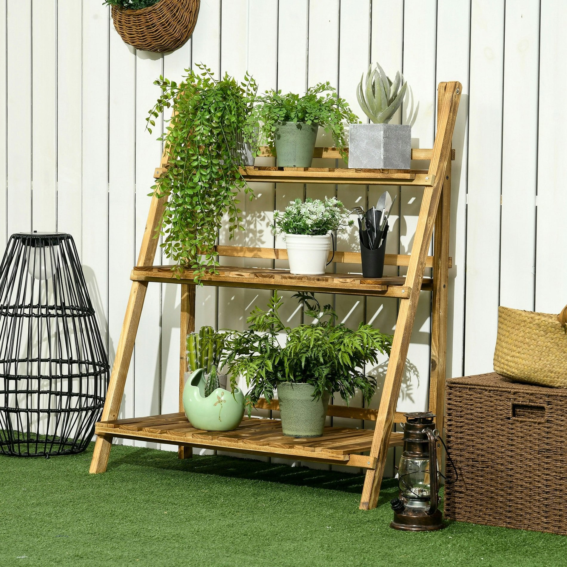 Rackhams Brown 3-Tier Folding Wooden Flower Stand Plant Display For Garden Patio - Fir Wood - 80L X 37W X 93H (Cm)