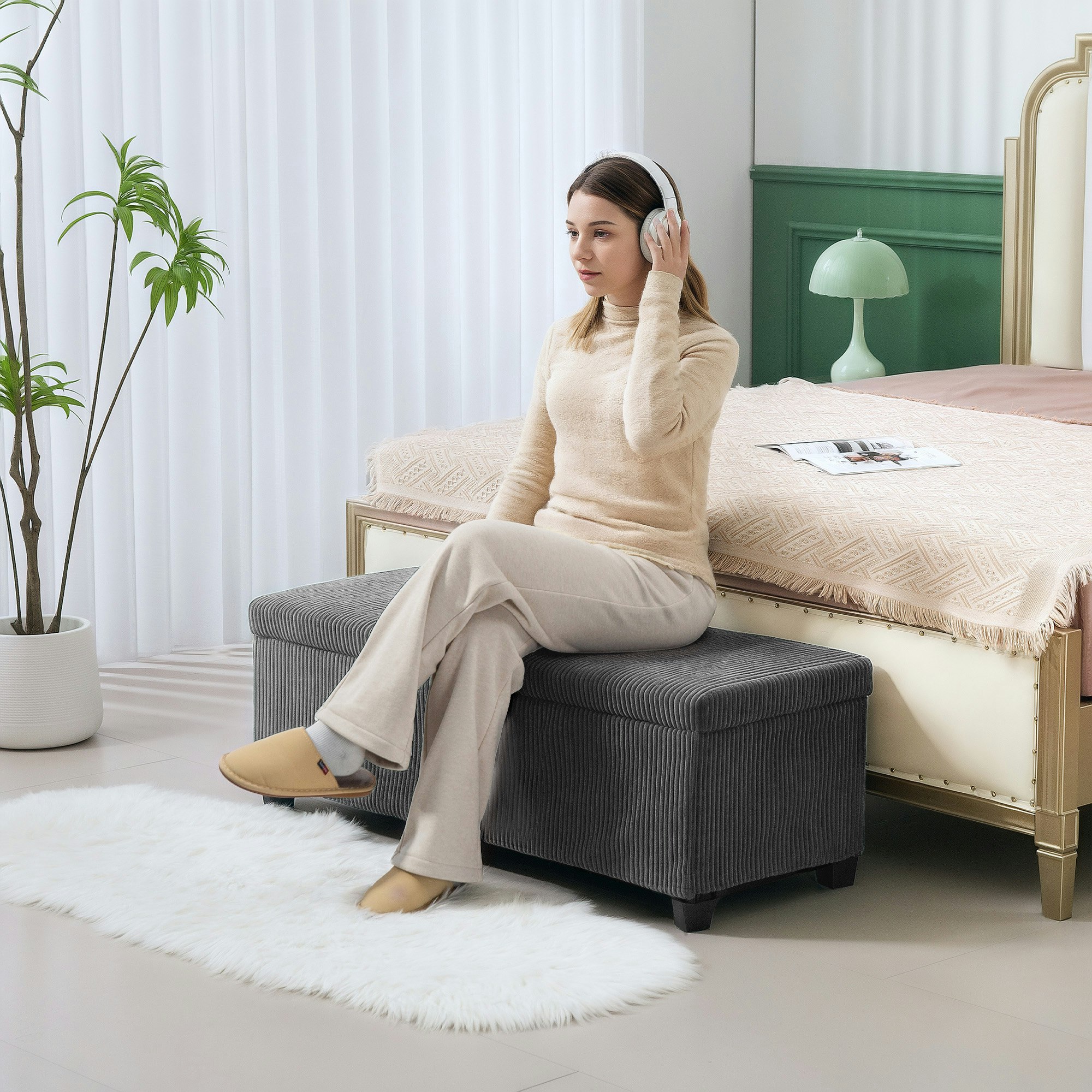 Rackhams Grey Storage Ottoman With Lid, 112Cm Bench Chest Box - 112W X 42D X 40H Cm