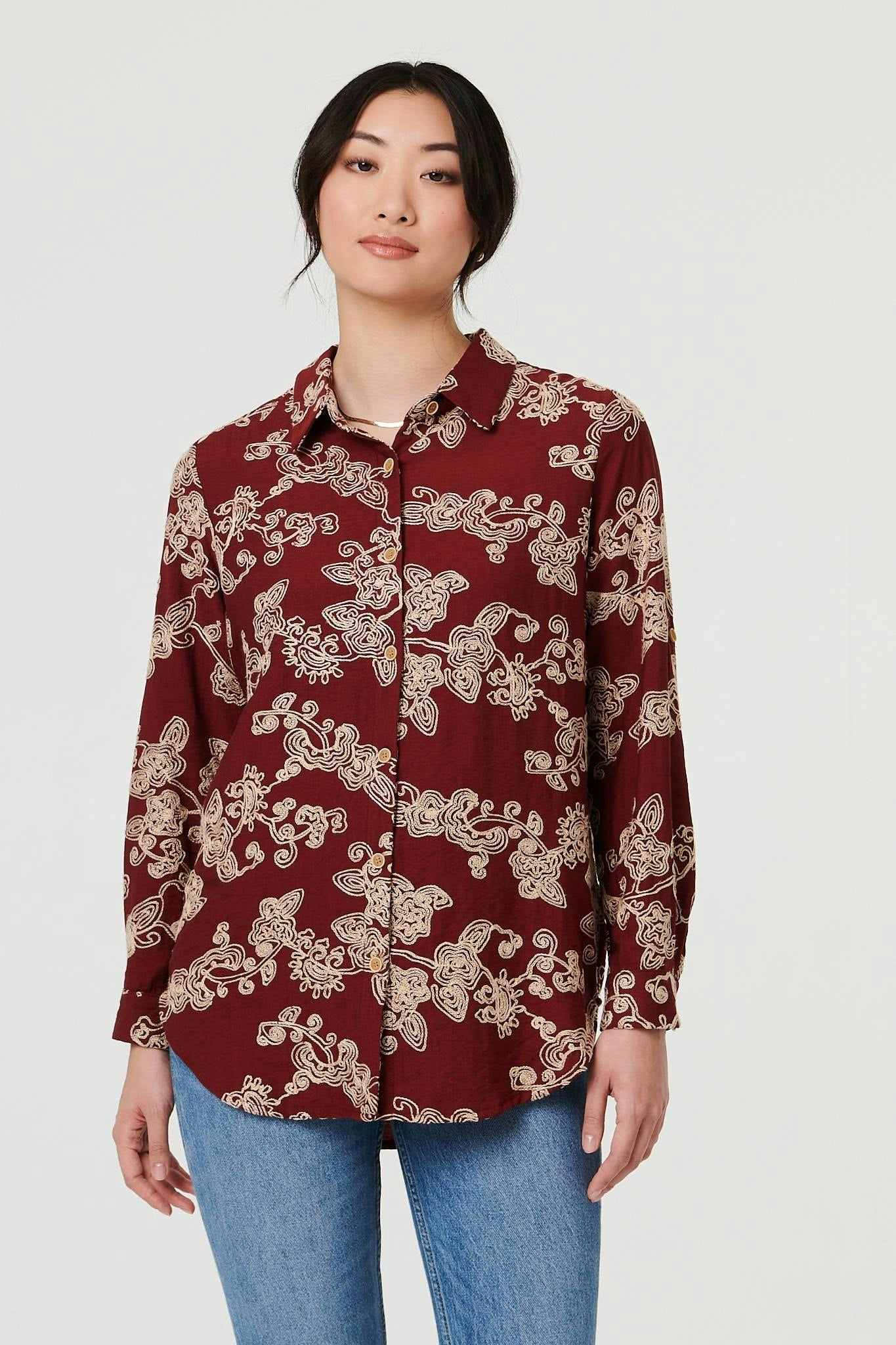 Izabel London Burgundy Floral Embroidered Long Sleeve Blouse - 10