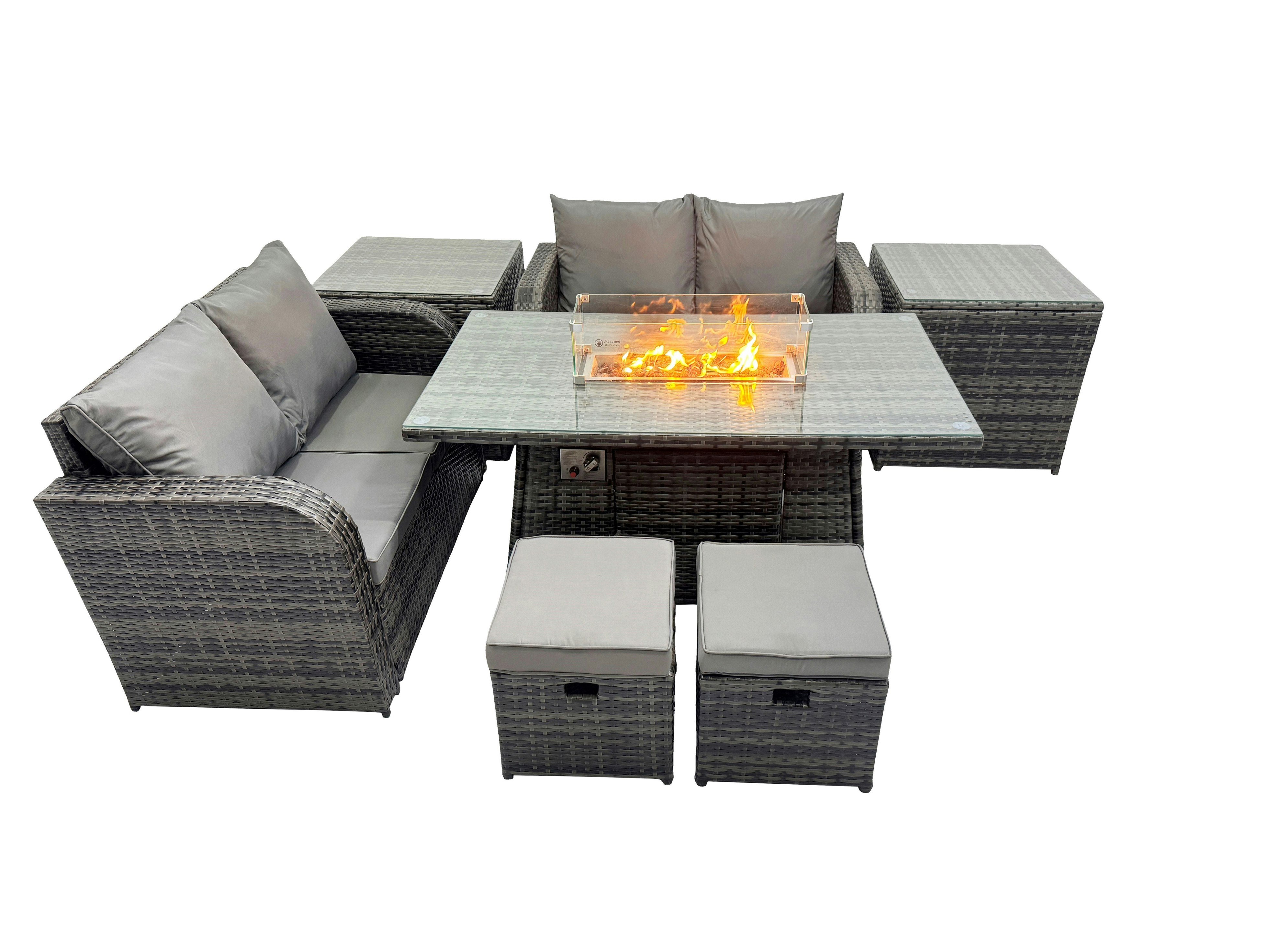 Fimous Dark/Grey 6 Seater Patio Gas Firpit Dining Table Sofa Sets Rattan Garden Furniture Dining Set With 2 Side Tables 2 Small Stools Mixed