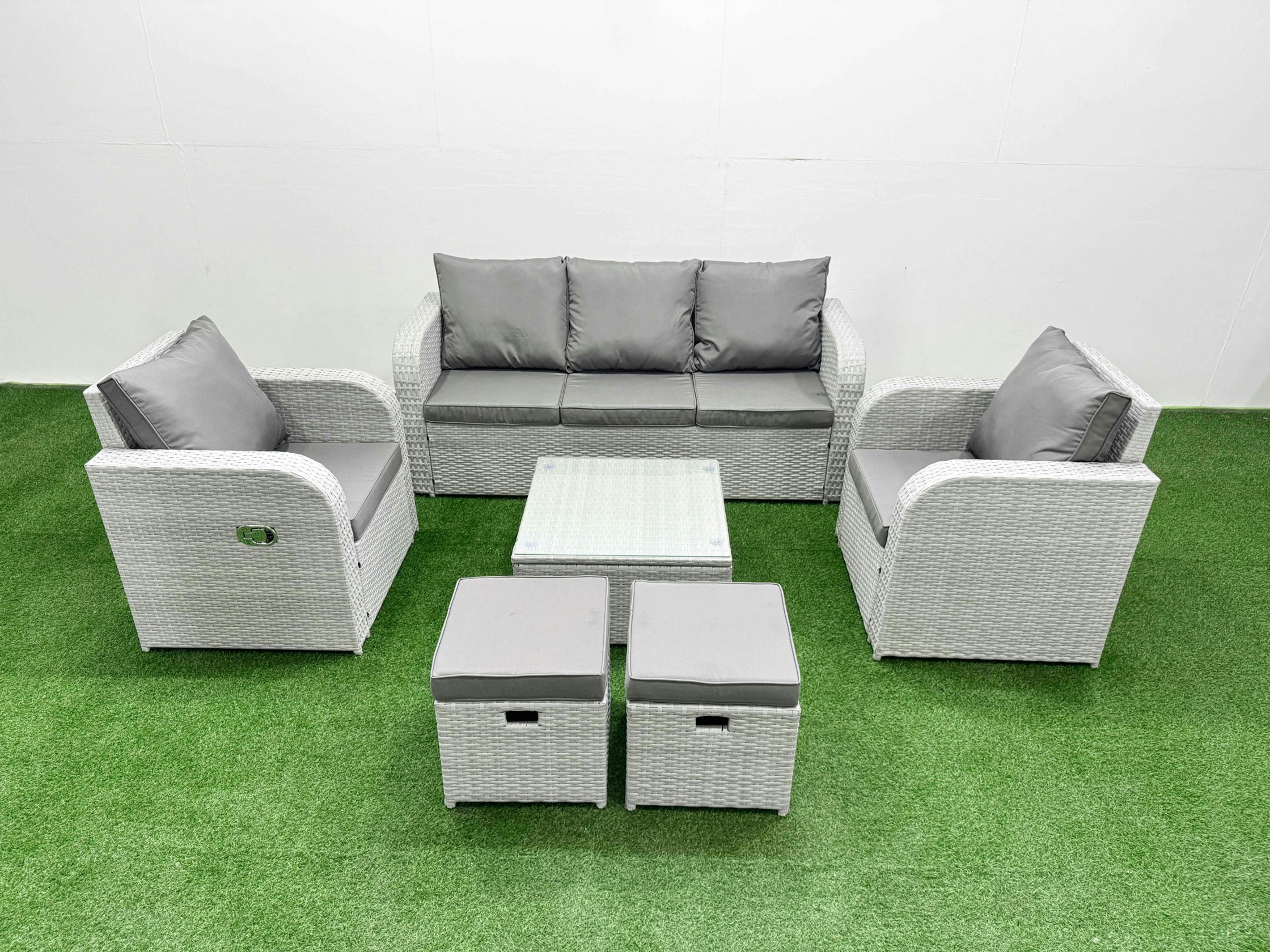 Rackhams Light/Grey Pe Rattan Garden Furniture Set Reclining Chair Sofa Lounge Sofa Set Square Coffee Table 2 Small Stools