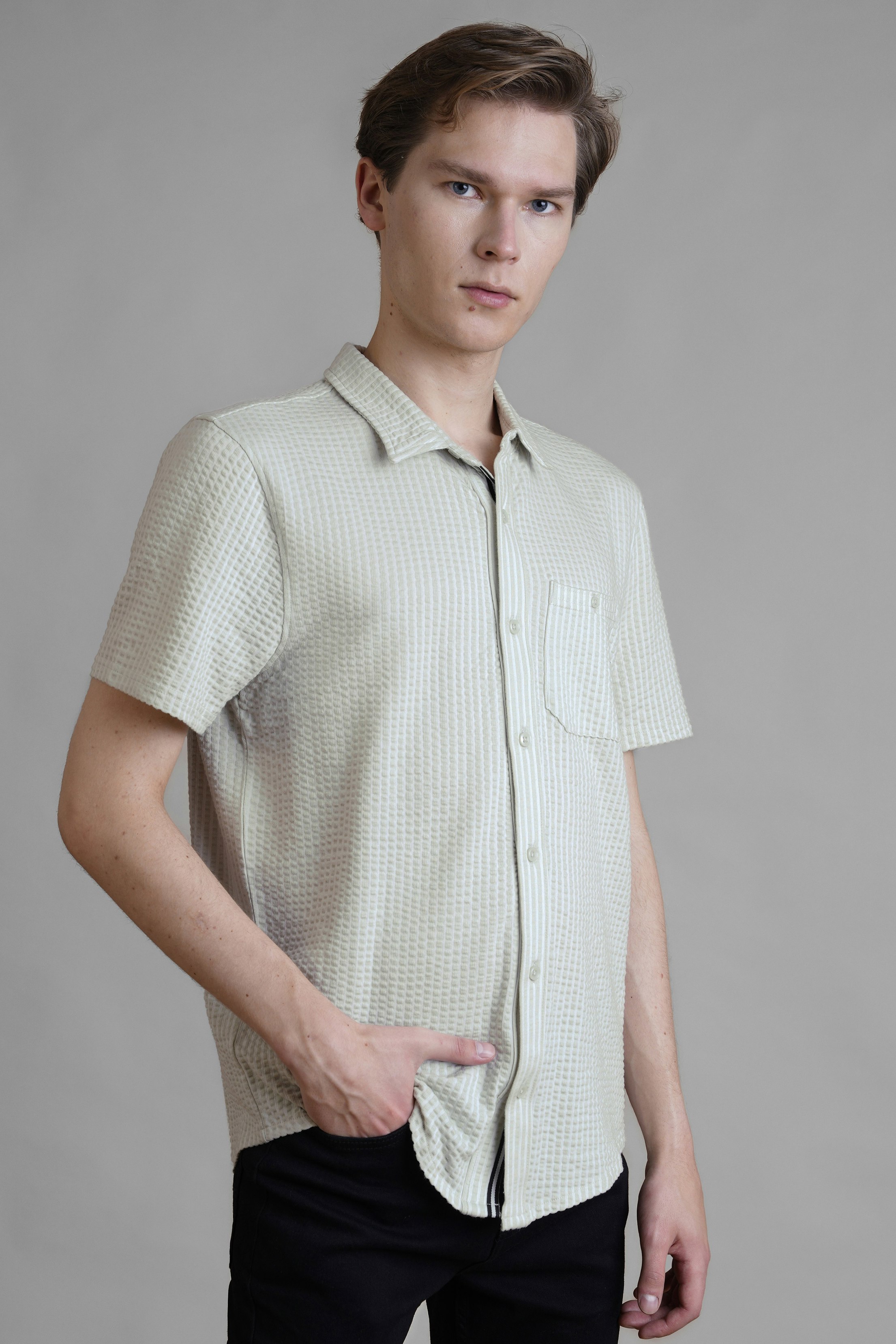 Enorsia Light/Grey Jersey Searsucker Stripe Short Sleeve Shirt - Xxl - 60% Cotton, 40% Polyester