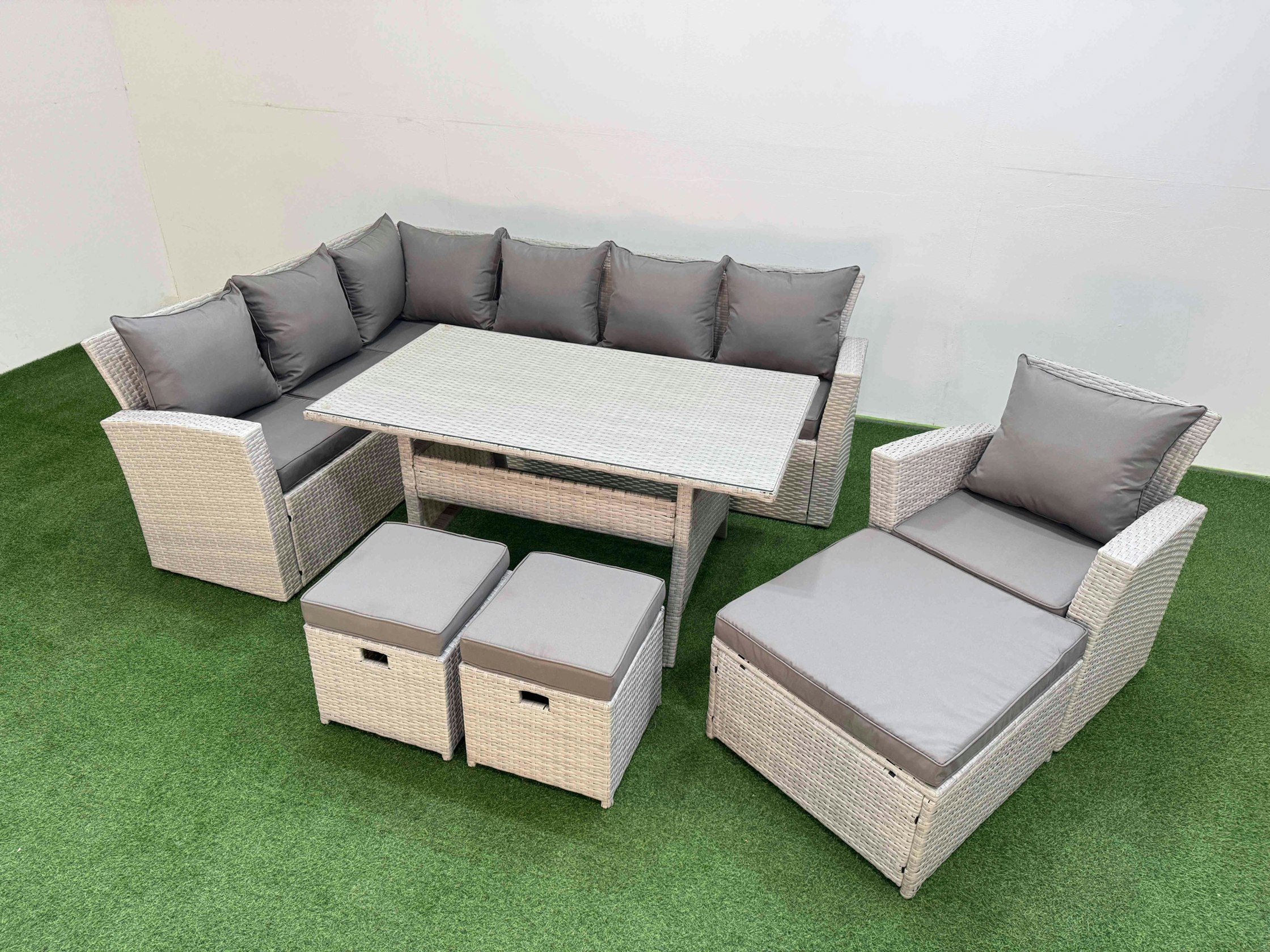 Fimous Light/Grey 10 Seater Rattan Garden Furniture Set Outdoor Patio Dining Corner Sofa Sets With Dining Table Chair 3 Footstools Mixed
