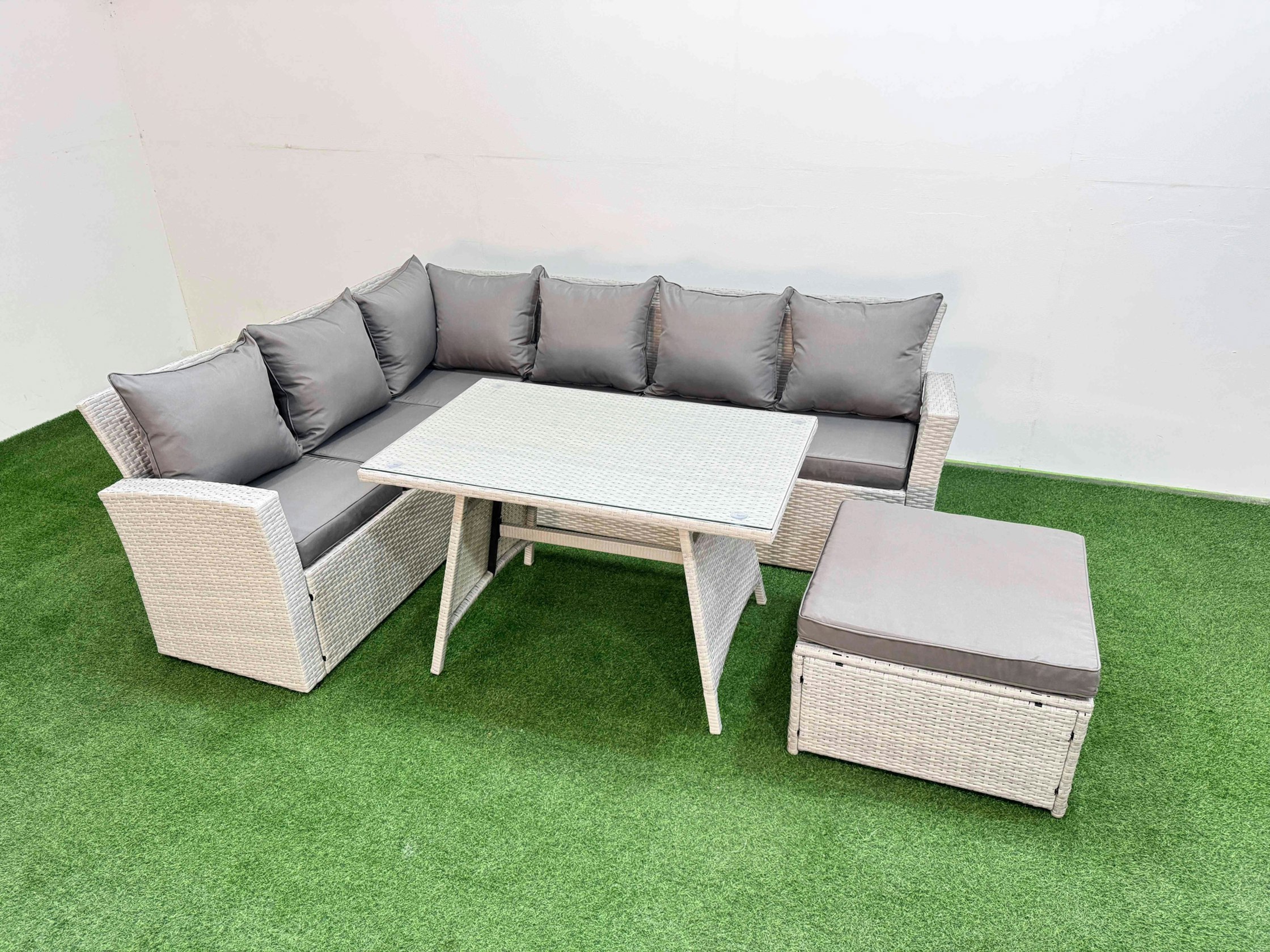 Rackhams Light/Grey Garden Outdoor Rattan Furniture Set Rattan Corner Sofa Oblong Dining Table Set With Big Footstool Mixed 7 Seater
