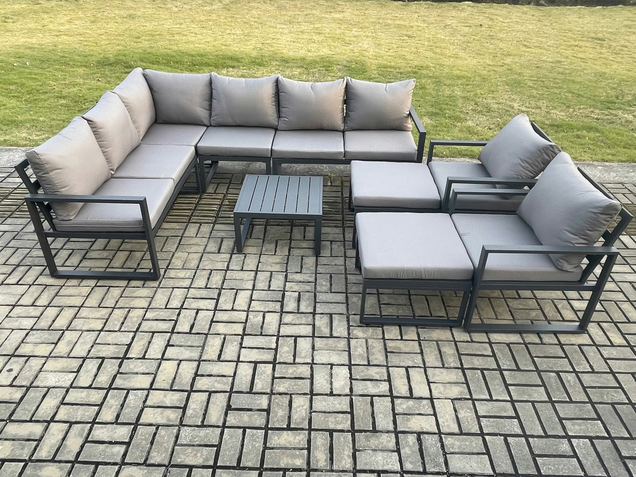 Fimous Dark/Grey 10 Seater Outdoor Lounge Corner Sofa Set Aluminum Garden Furniture Sets With Square Coffee Table 2 Chairs 2 Big Footstool