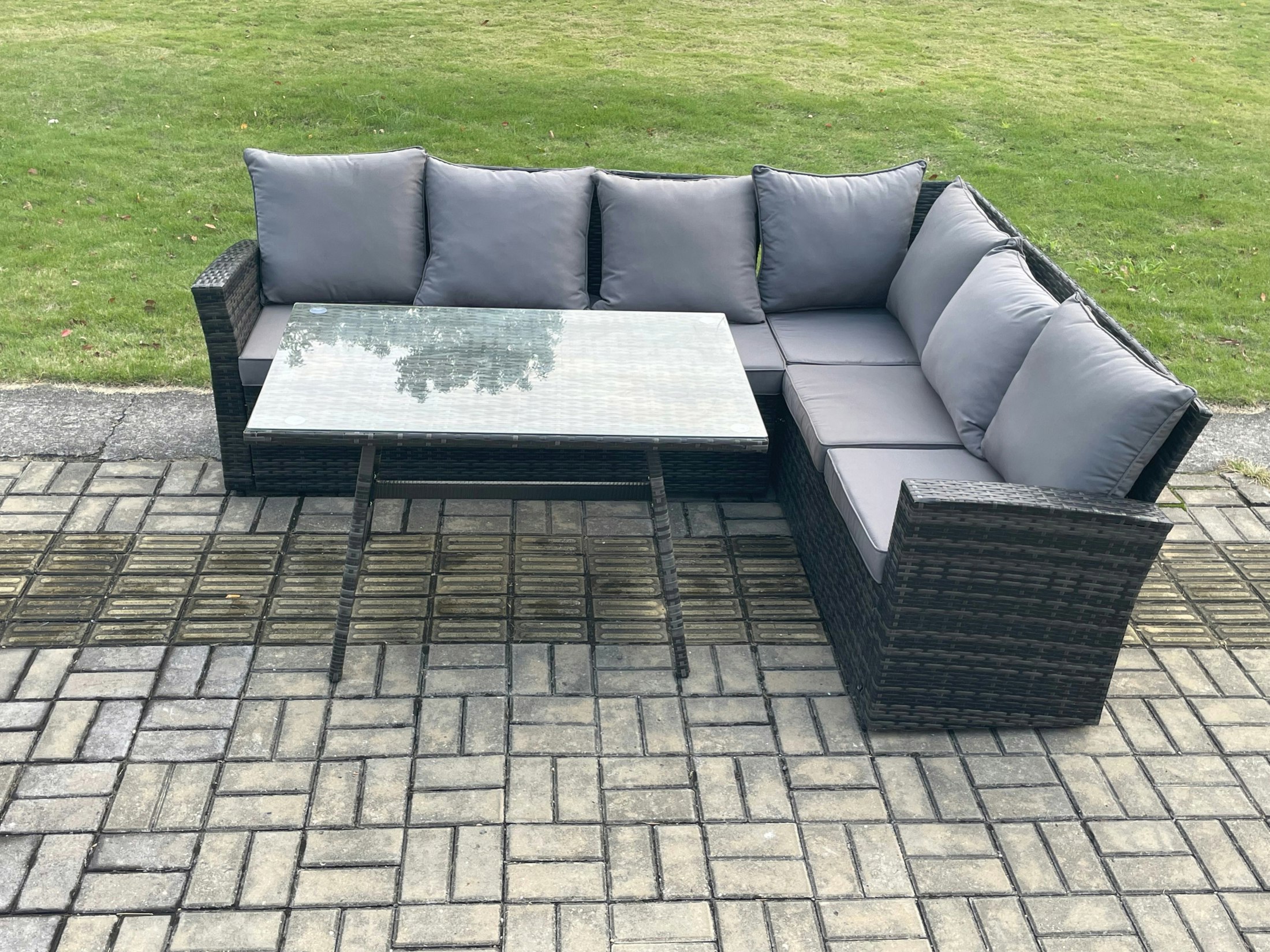Fimous Dark/Grey Outdoor Furniture Garden Dining Set Rattan Corner Sofa Set Rectangular Dining Table With Temper Glass Mixed