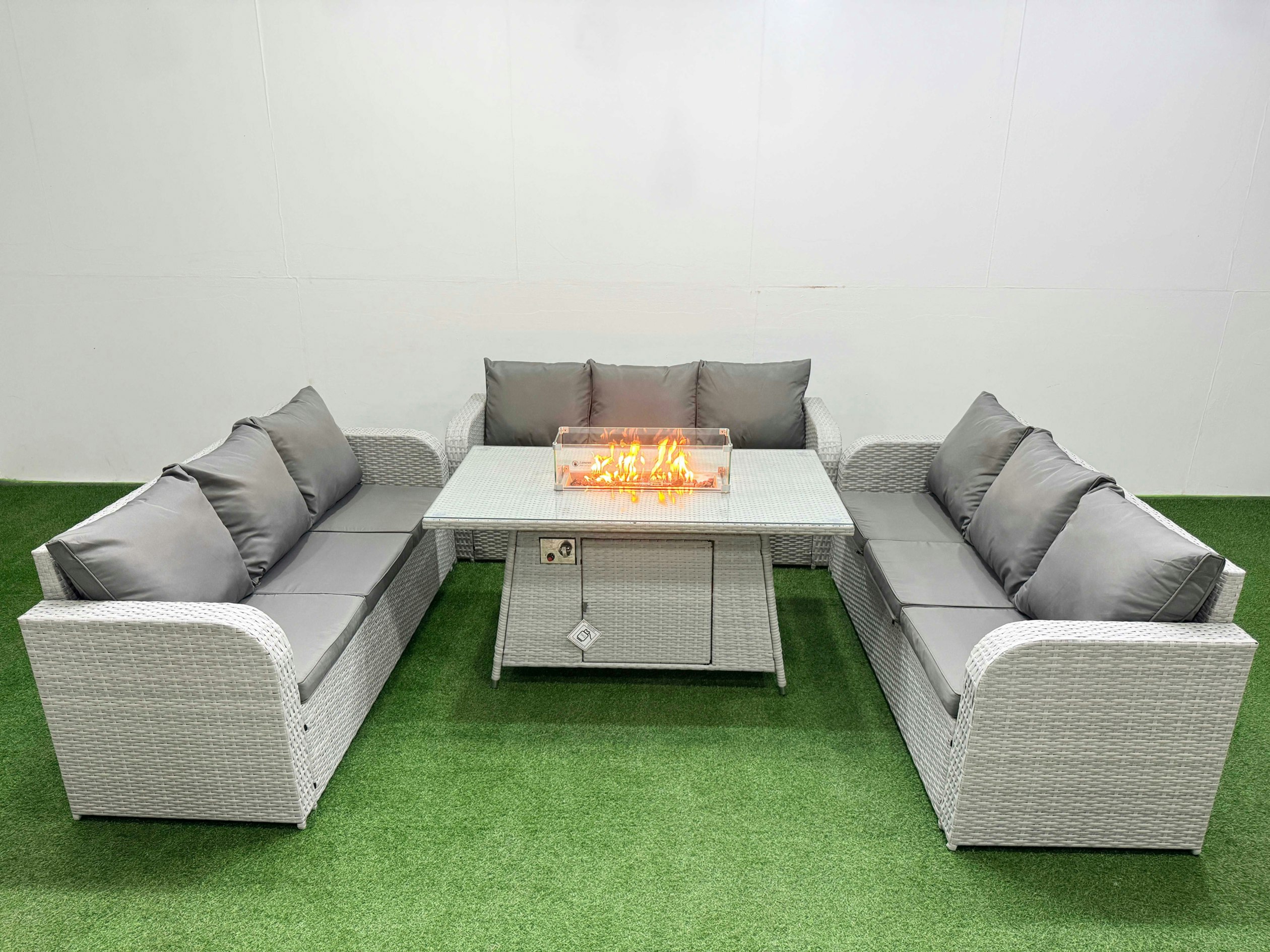 Rackhams Light/Grey Pe Rattan Lounge Sofa Set 9 Seater Outdoor Garden Furniture Set With Fire Pit Dining Table 3 Seater Sofa