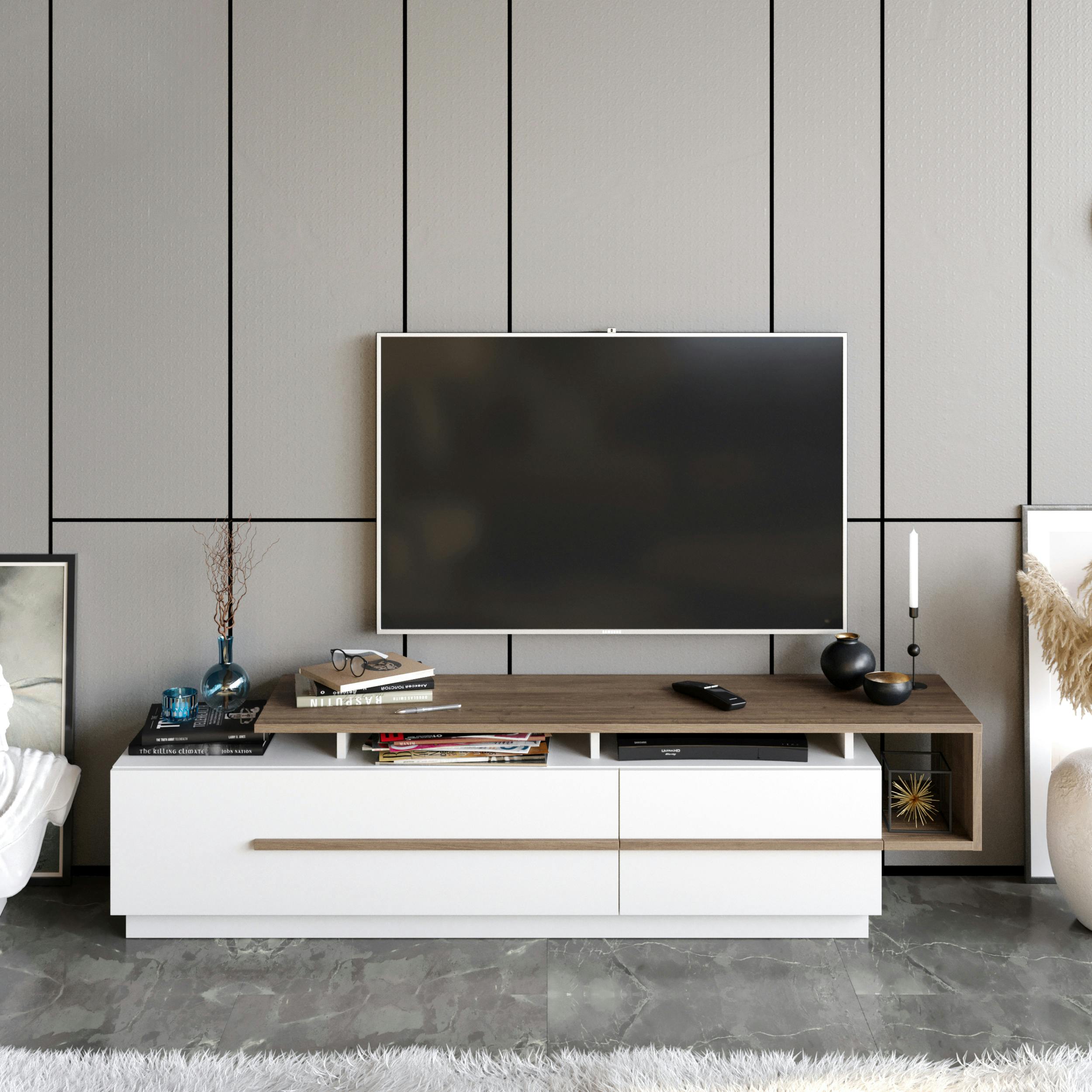 Rackhams White Pia Modern Tv Stand Tv Cabinet For Tv's Up To 65" - Walnut