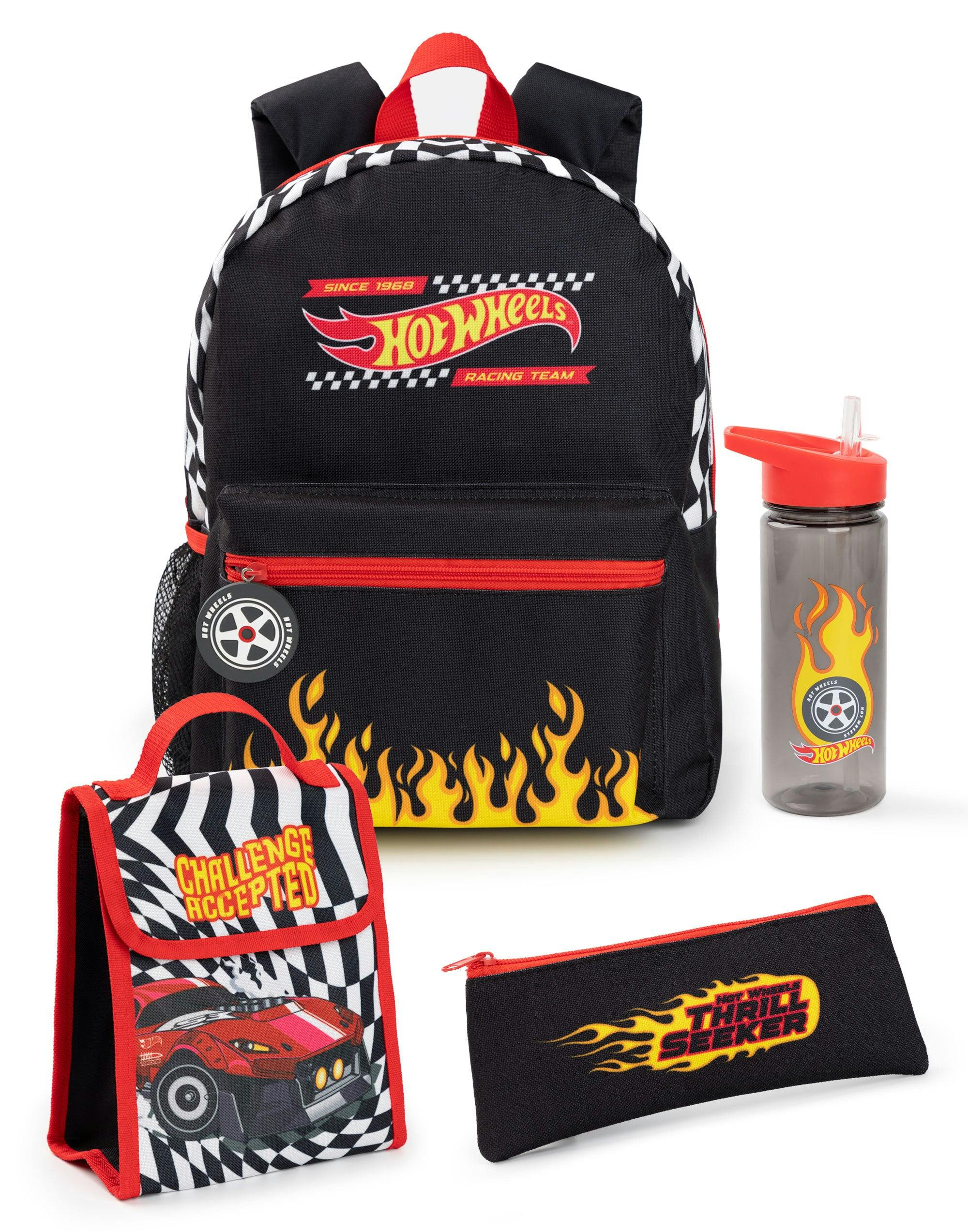 Vanilla Underground Unisex Black Hot Wheels Kids Checkerboard Flame 4 Piece Backpack Set (One Size)