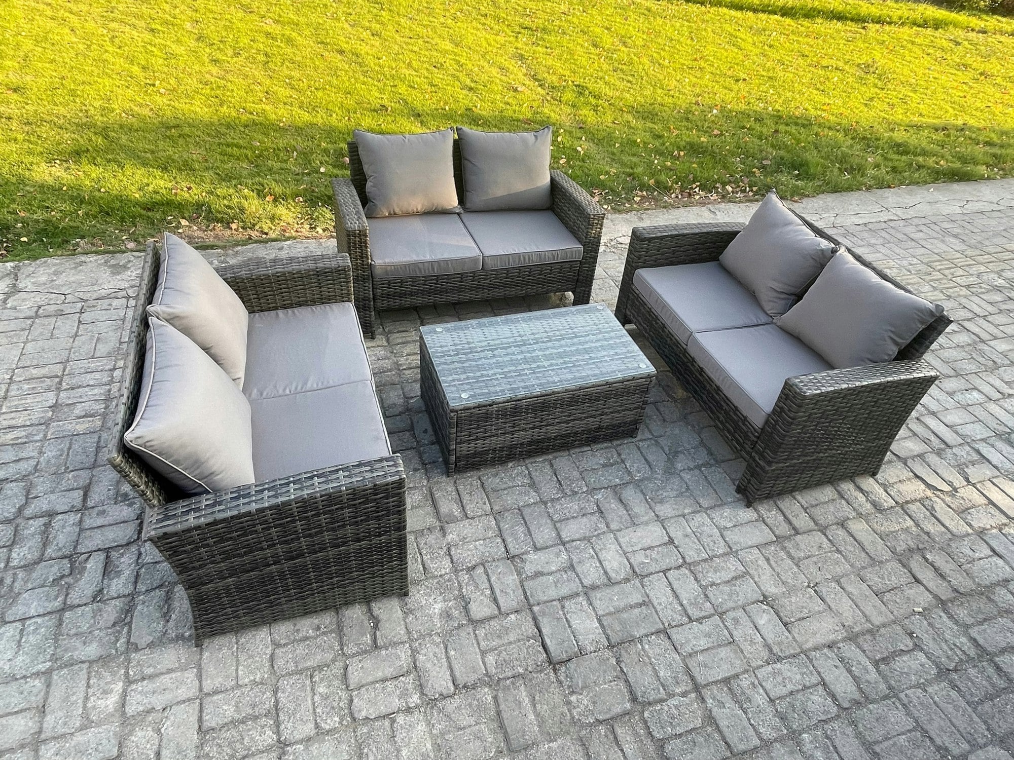 Fimous Dark/Grey 6 Seater Outdoor Rattan Garden Furniture Set Patio Love Sofa Rectangular Coffee Table Set