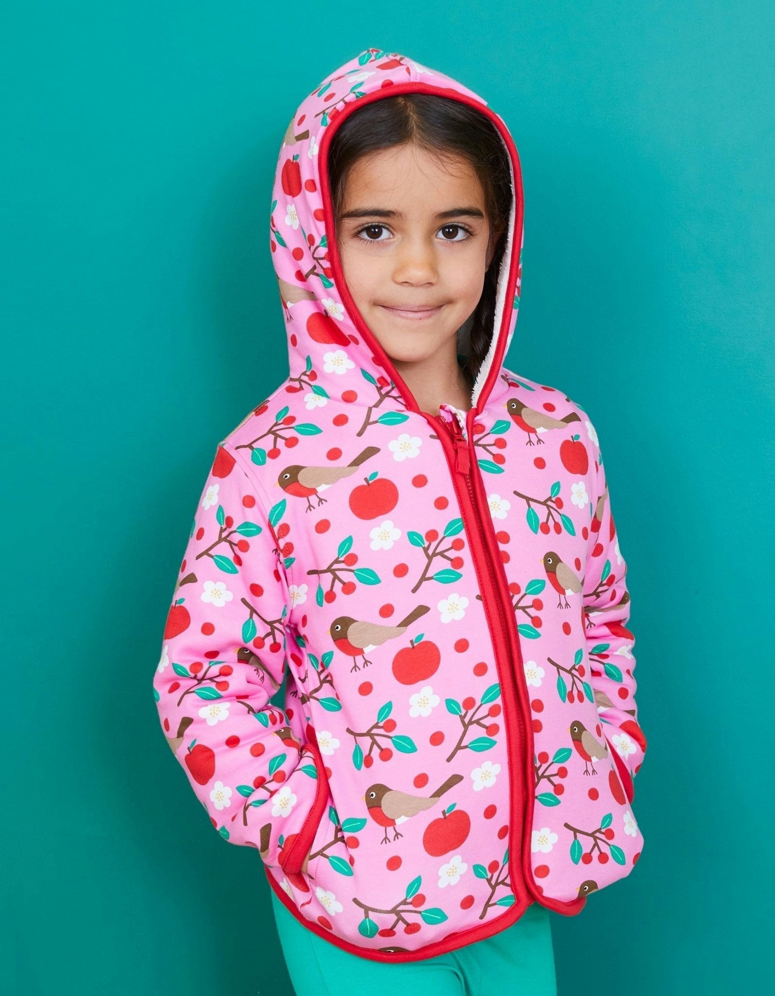 Toby Tiger Pink Organic Robin Print Fleece Hoodie - 3-4Y / 104Cm