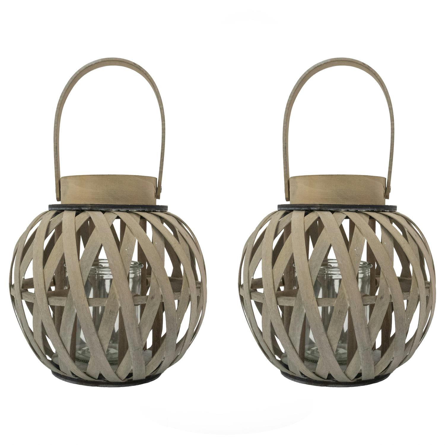 Rackhams Set Of 2 Luna - Natural Round Wood Lantern With Handle, Antique Wash