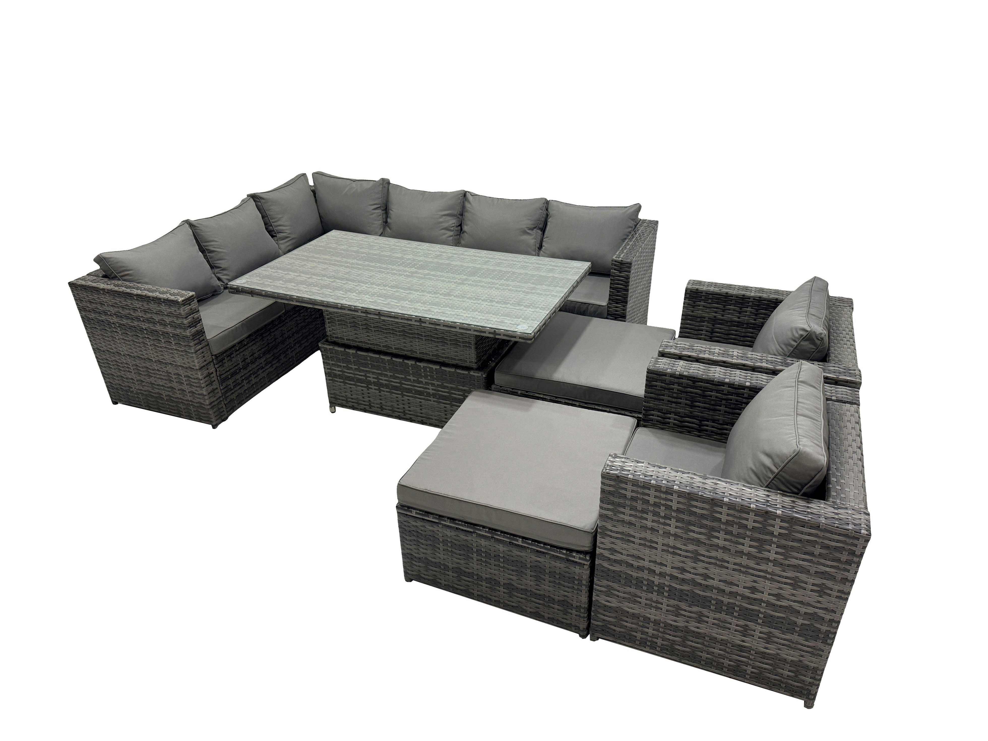 Fimous Dark/Grey 10 Seater Height Adjustable Rising Lifting Table Corner Sofa Set Rattan Garden Furniture Dining Set With 2 Big Stools Mixed