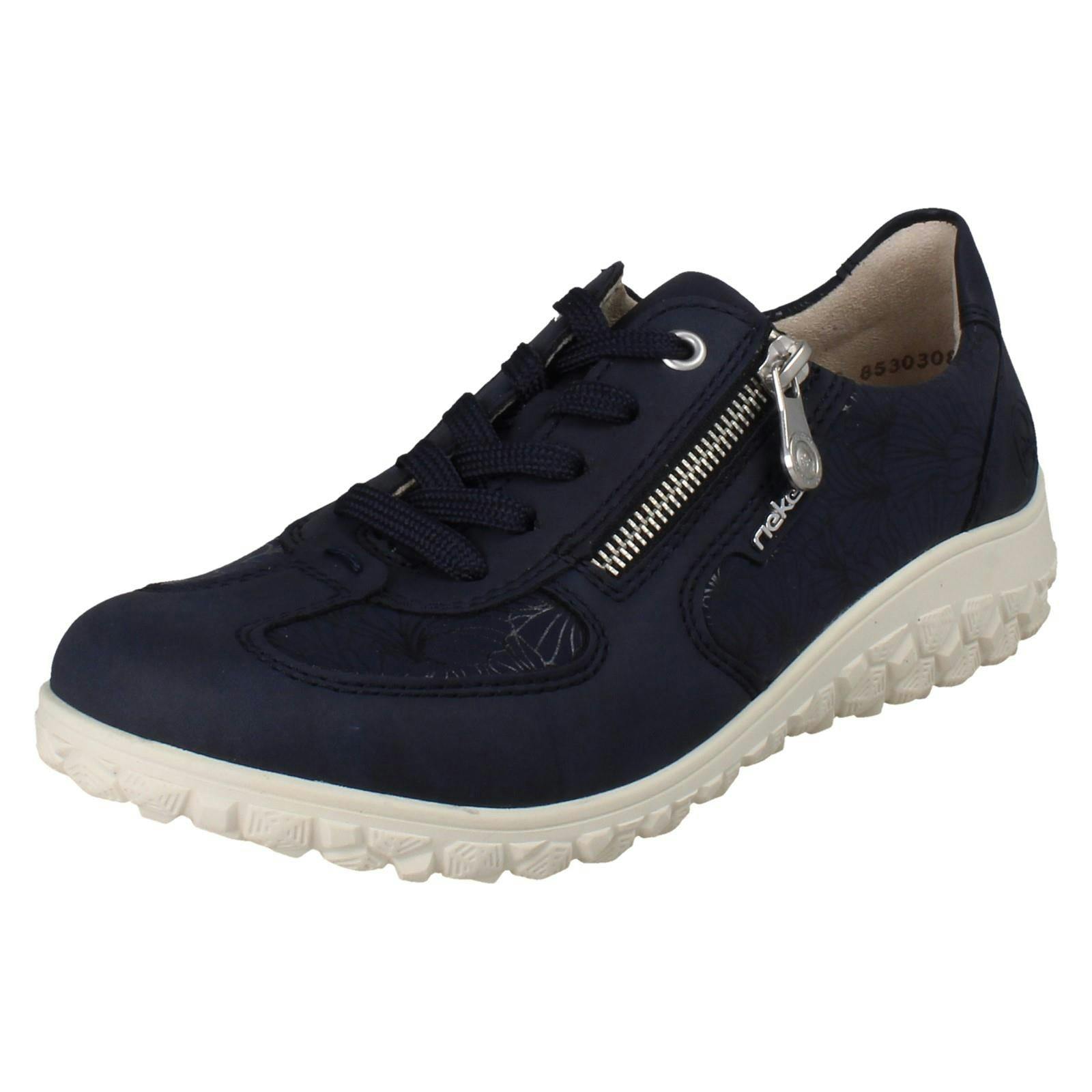 Rieker Women's Blue Extra Wide Detailed Lace Up Trainers With Side Zip 59501 - Uk 6.5