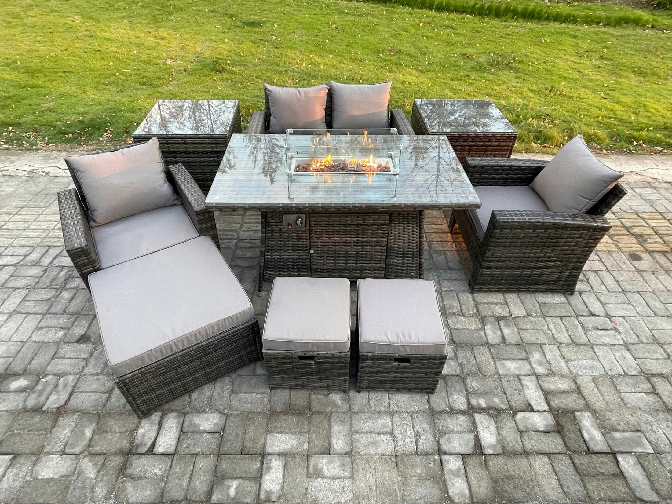 Fimous Dark/Grey Outdoor Garden Dining Sets 7 Seater Rattan Patio Furniture Sofa Set With Gas Fire Pit Table 3 Footstools 2 Side Tables Mixed