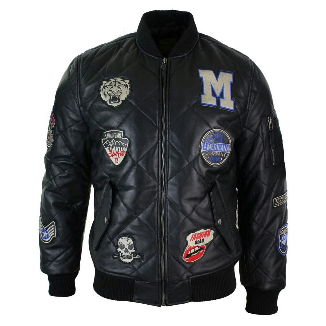 Aviatrix Men's Leather Quilted Puffer Varsity Baseball Bomber Letterman Jacket - Large