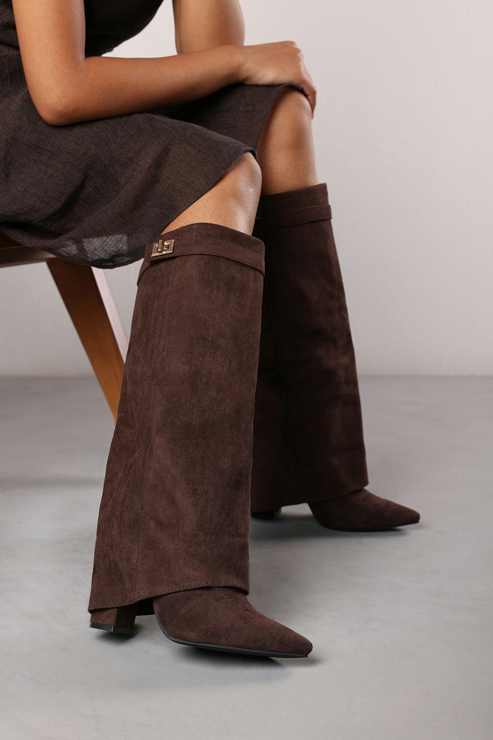 Where's That From Brown Keira Wrap-Over Knee High Block Heel Boots In Suede - Size 8