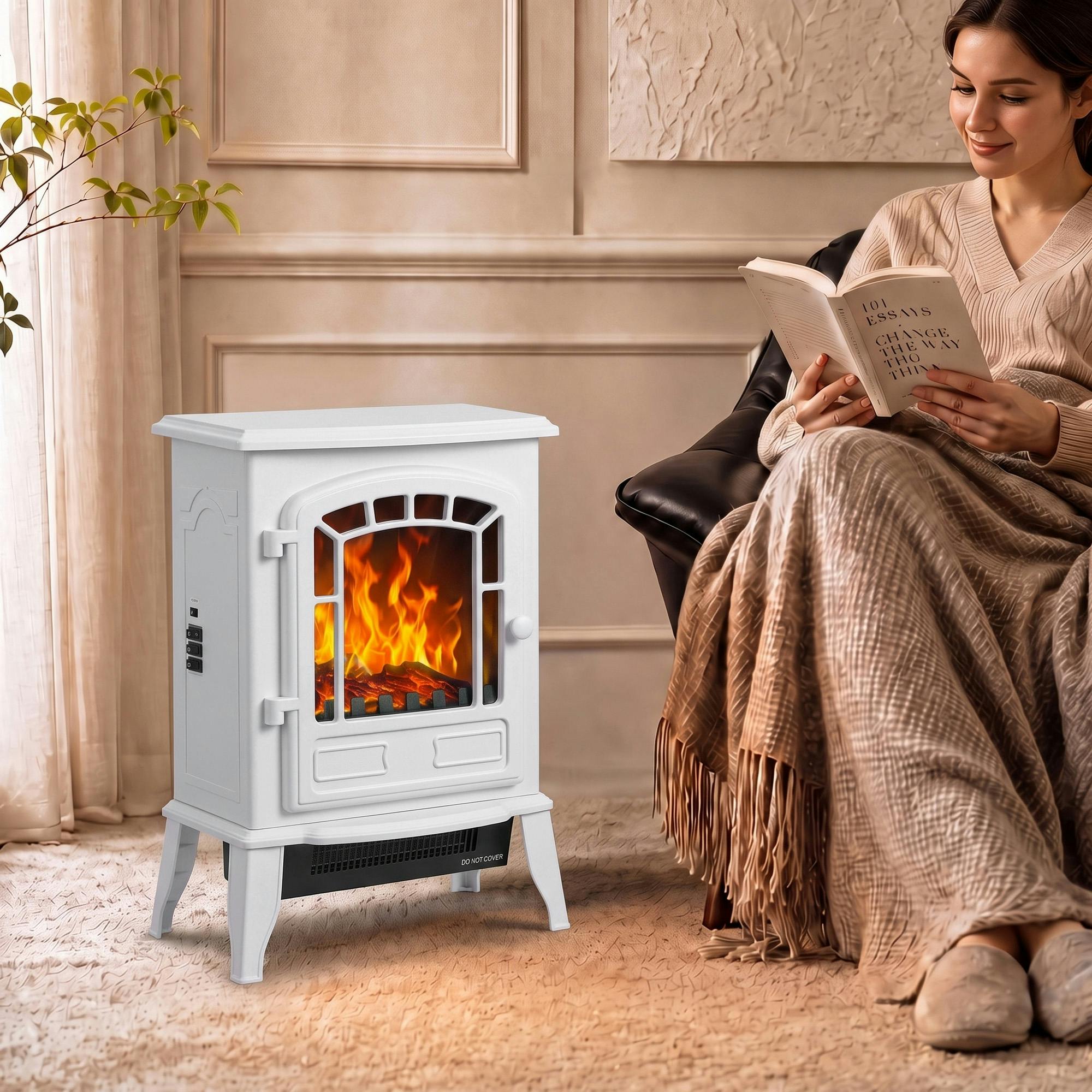 Homcom White Freestanding Electric Fireplace Stove With Led Flame, 2000W,