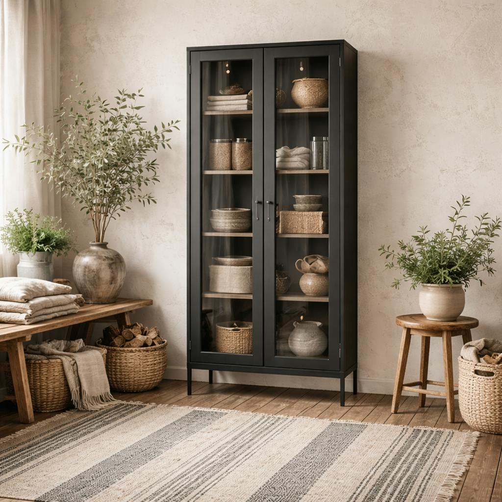 Rackhams Black Barla Steel Metal Display Cabinet 2 Glass Doors
