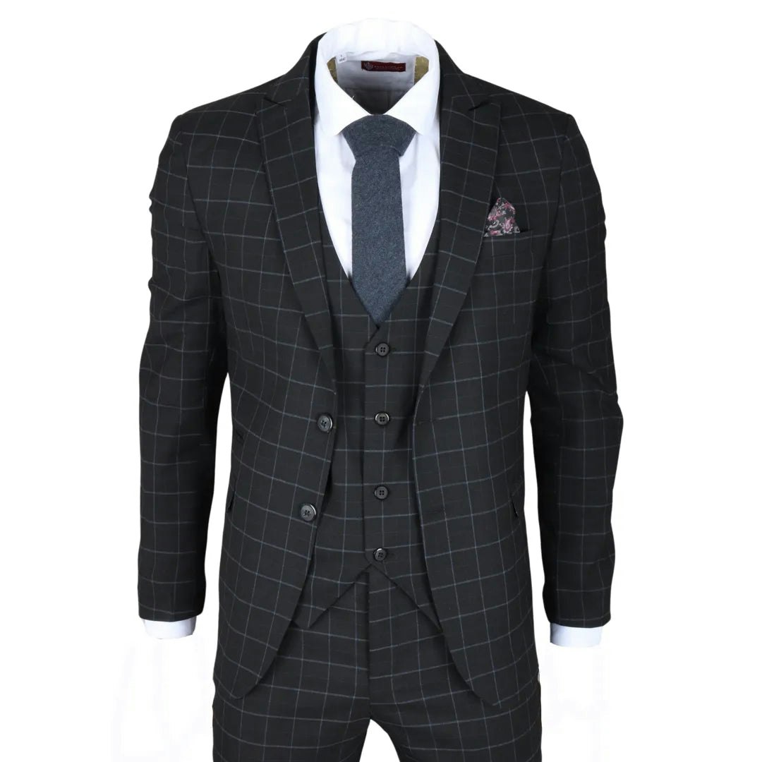 Truclothing Men's Black Im3 - Checked Tailored Fit Suit - 52" Jacket 46" Trousers