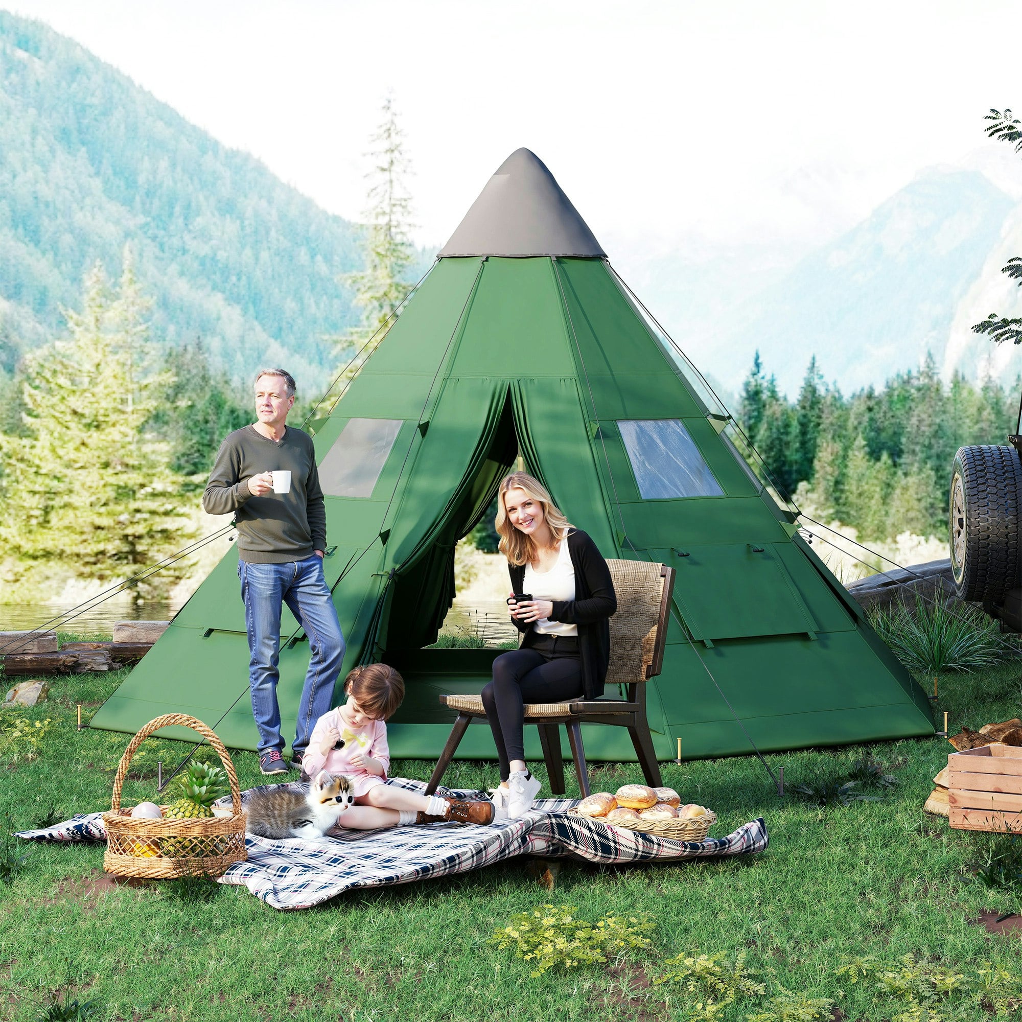 Outsunny 6-7 Person Large Family Party Camping Tent W/ Carrying Bag, Green - Image 4