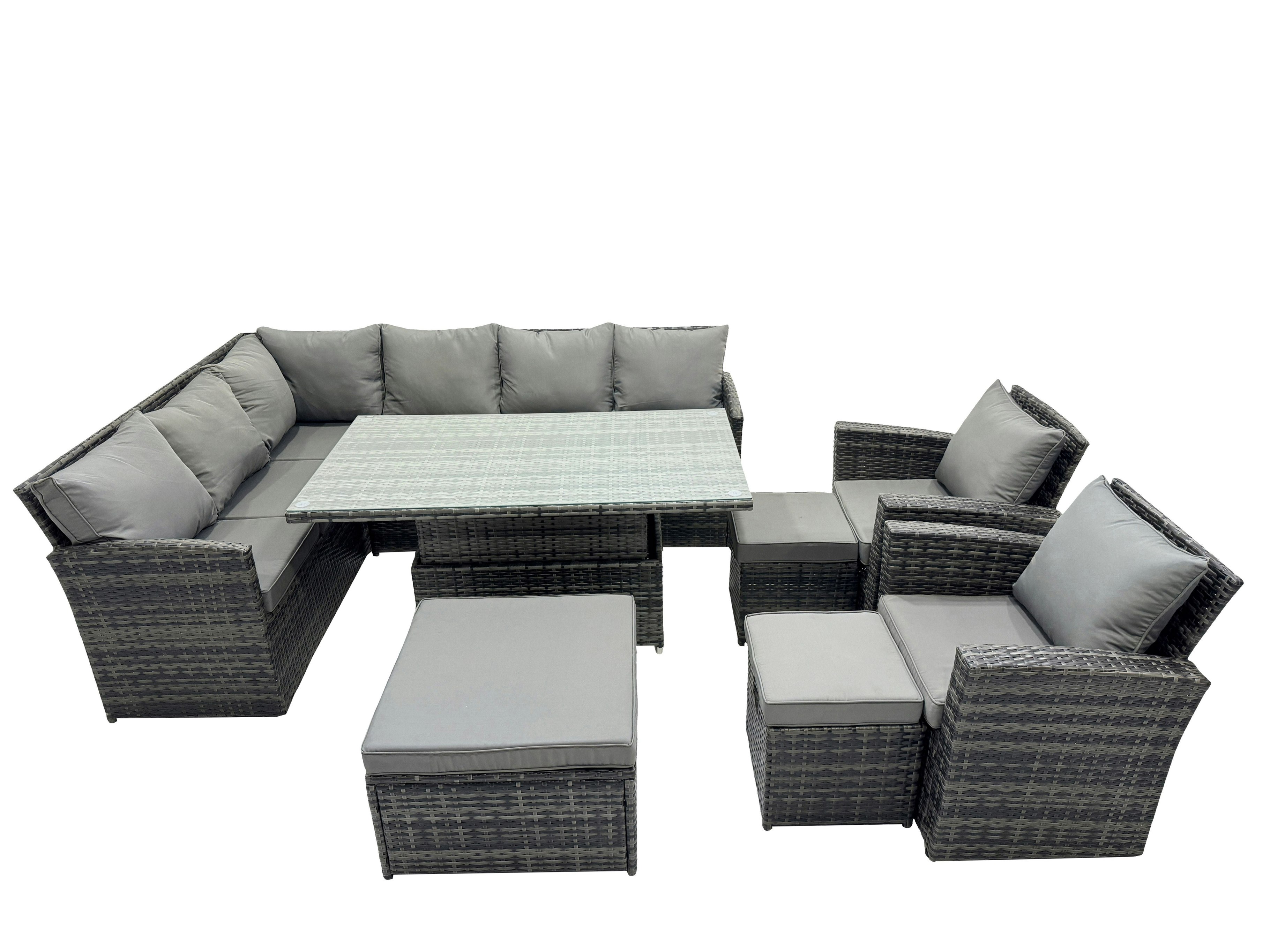 Rackhams Dark/Grey 11 Seat Rattan Outdoor Patio Height Adjustable Rising Lifting Table Corner Sofa Set With 3 Stool 2 Chairs For Garden Backyard Mixed