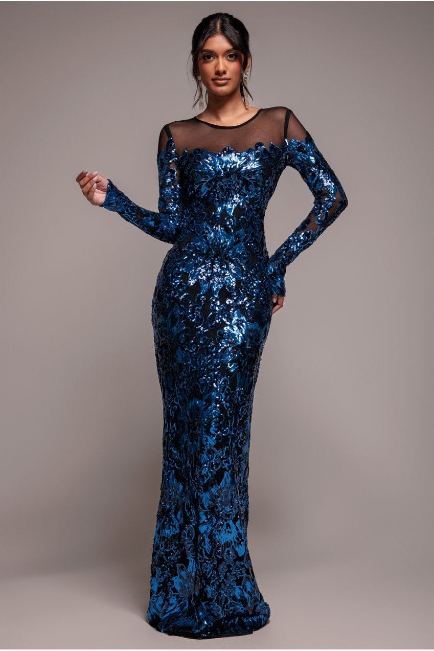 Goddiva Black Floral Sequin Mesh Maxi - Navy By - Navy - 8