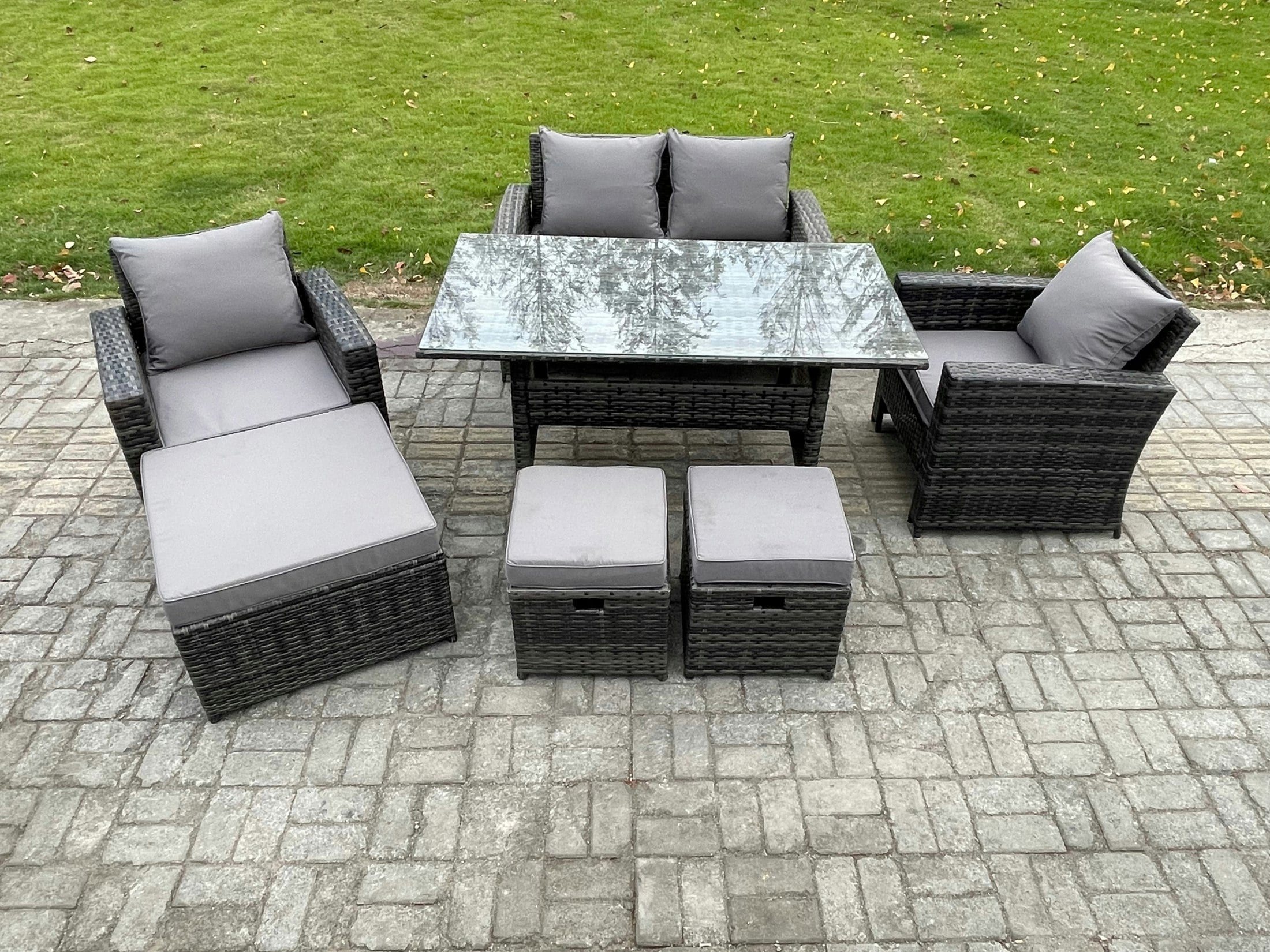 Fimous Dark/Grey 7 Seater Pe Wicker Outdoor Garden Furniture Set Patio Furniture Rattan Rectangular Dining Table Lounge Sofa With 3 Footstools
