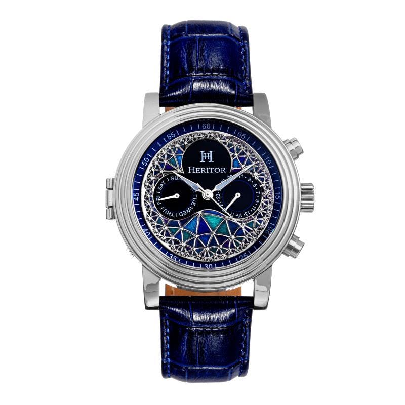 Heritor Automatic Men's Silver/Blue Legacy Leather-Band Watch W/Day/Date
