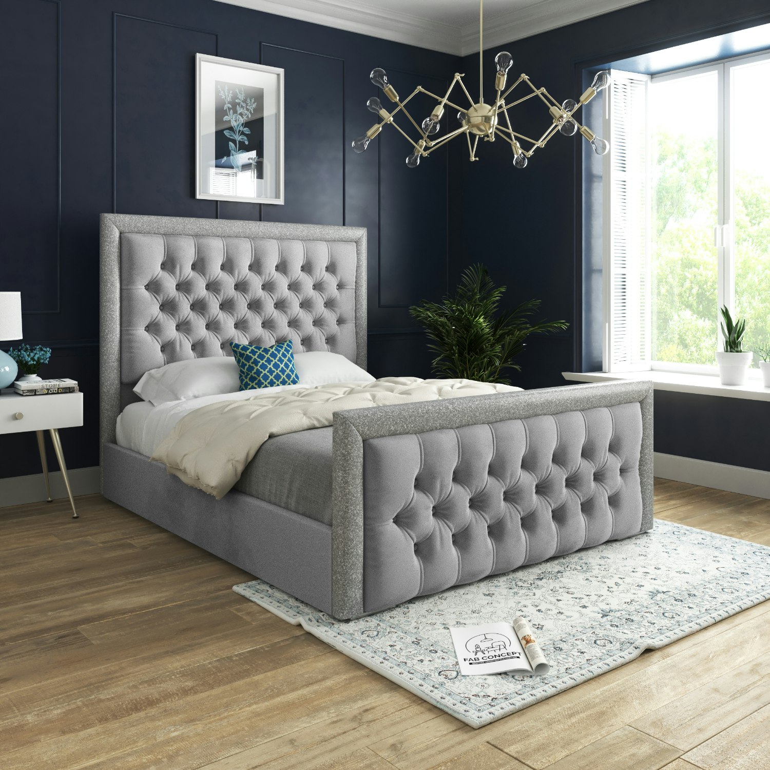 Rackhams Grey Venice Glitter Border Upholstered Soft Velvet Bed Frame - King
