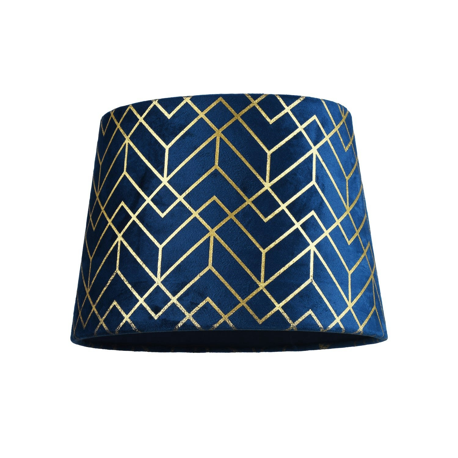 Rackhams Blue/Gold Navy Velvet Lamp Shade With Geometric Design In Metallic Foil Lines