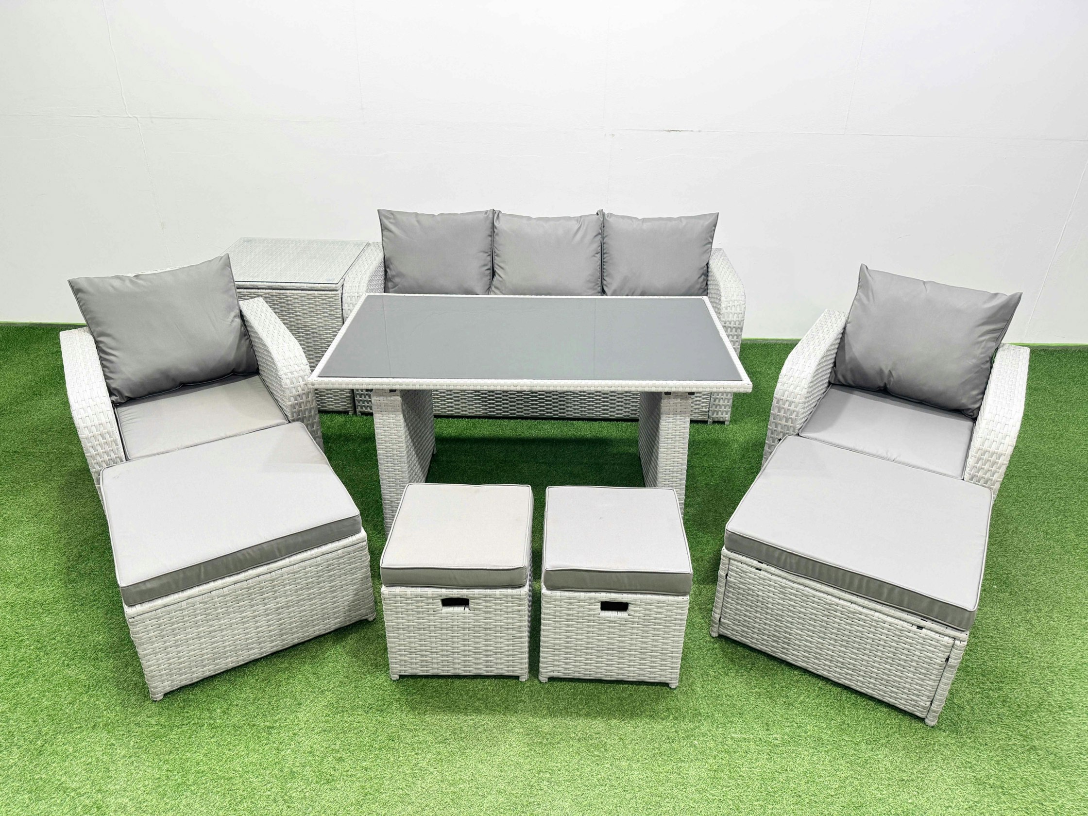 Fimous Black/Light/Grey 9 Seater Patio Garden Furniture Sets With Glass Top Dining Table Love Sofa Side Table 4 Stools