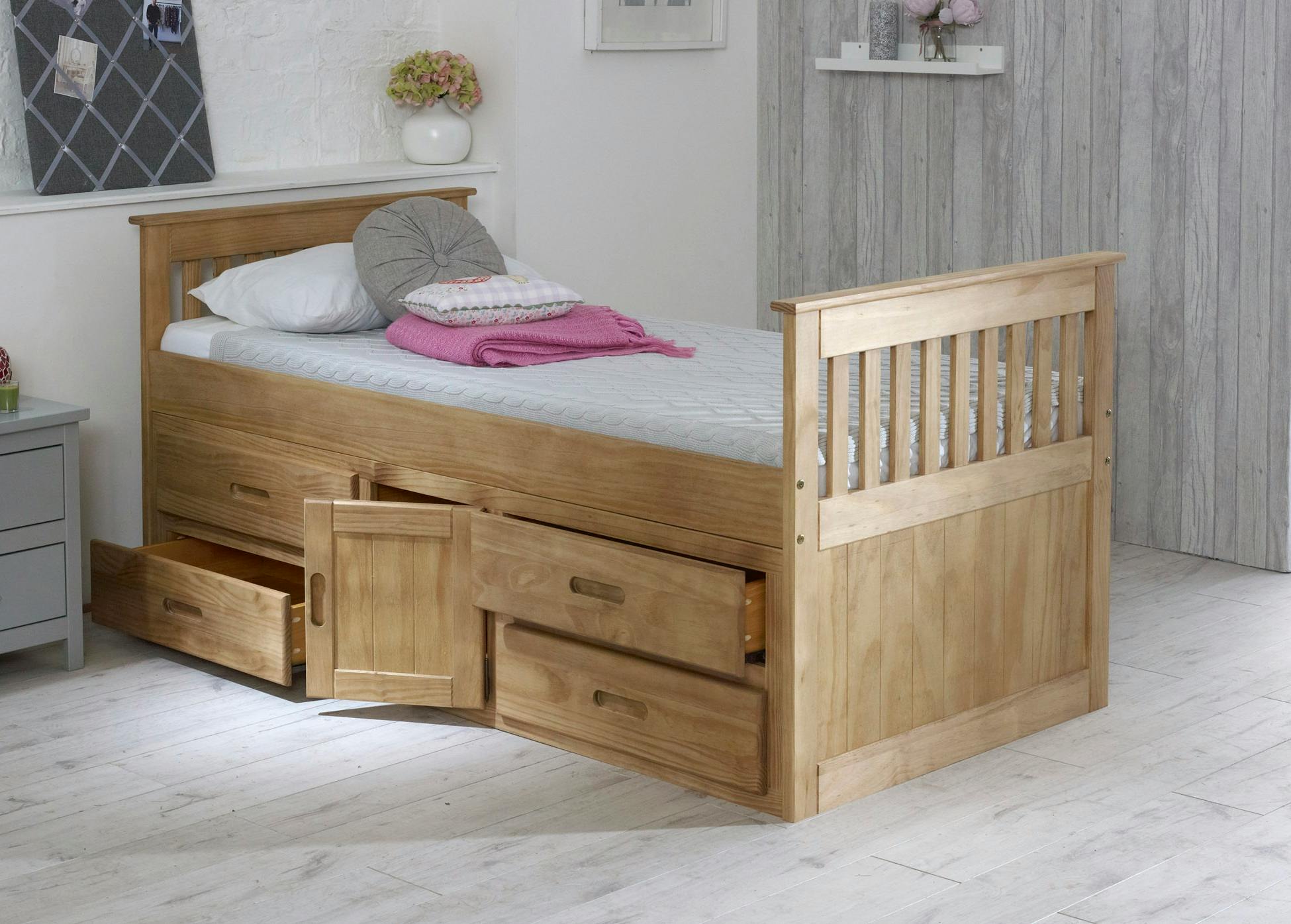 Captains Tm White Captains Storage Bed With 4 Drawers & Cupboard – Solid Pine – Waxed Or Finish – 3Ft Single - Waxed