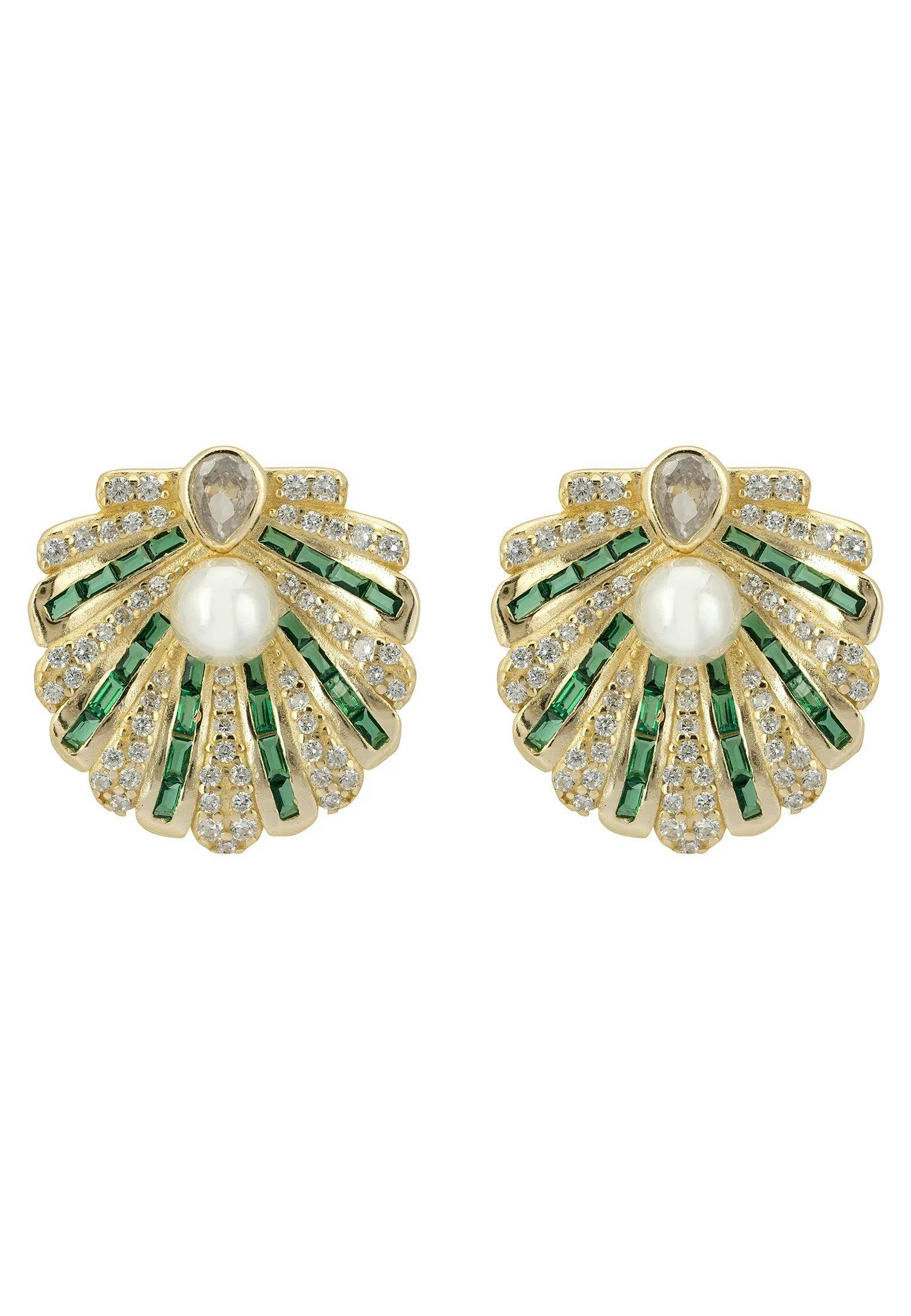 Latelita Green/Gold Art Deco Scallop Shell Earrings Emerald With Pearl