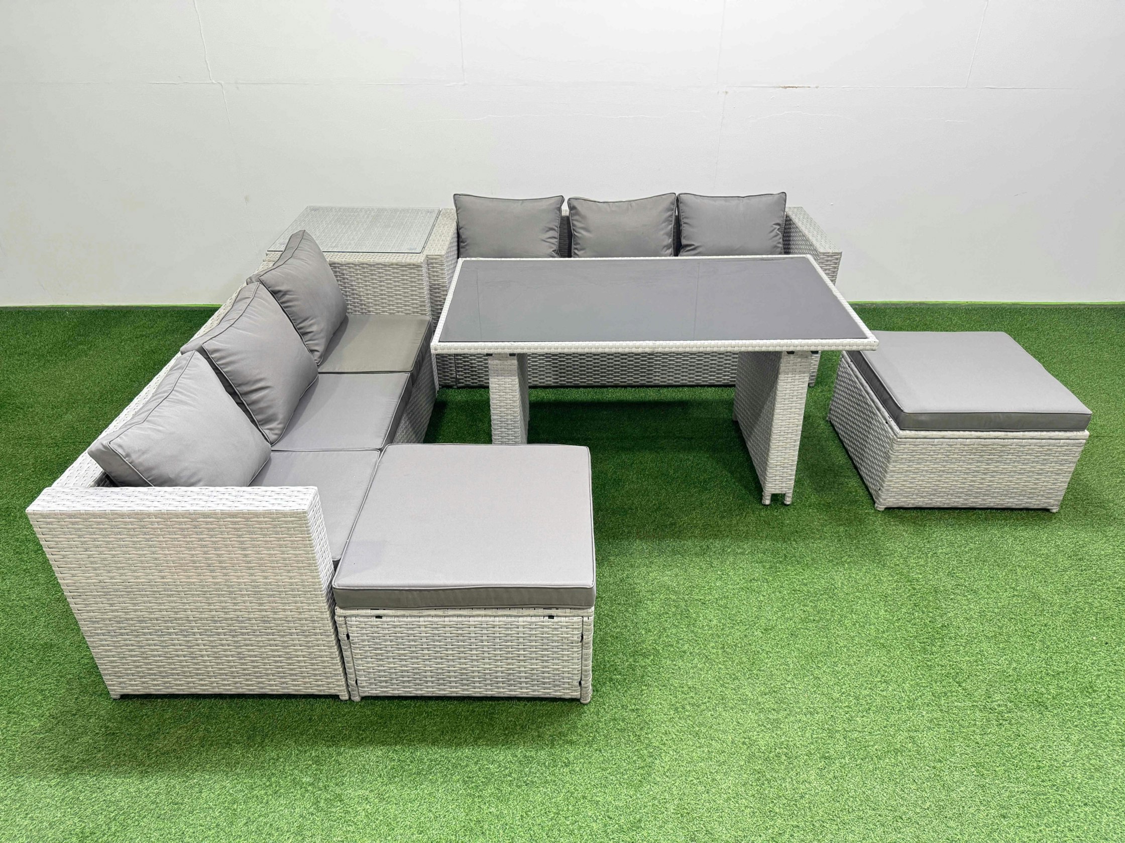 Rackhams Light/Grey Rattan Garden Furniture Dining Set 8 Seater Patio Rectangular Table Sofa Set With Side Table 2 Big Stools