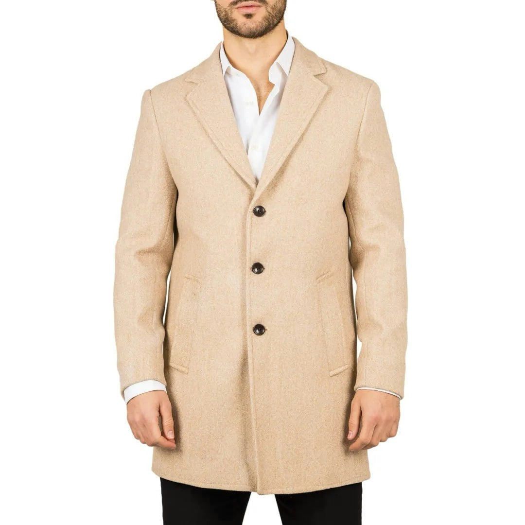 Truclothing Men's Beige Notched Lapel Collar Wool Blend Overcoat - 4XL