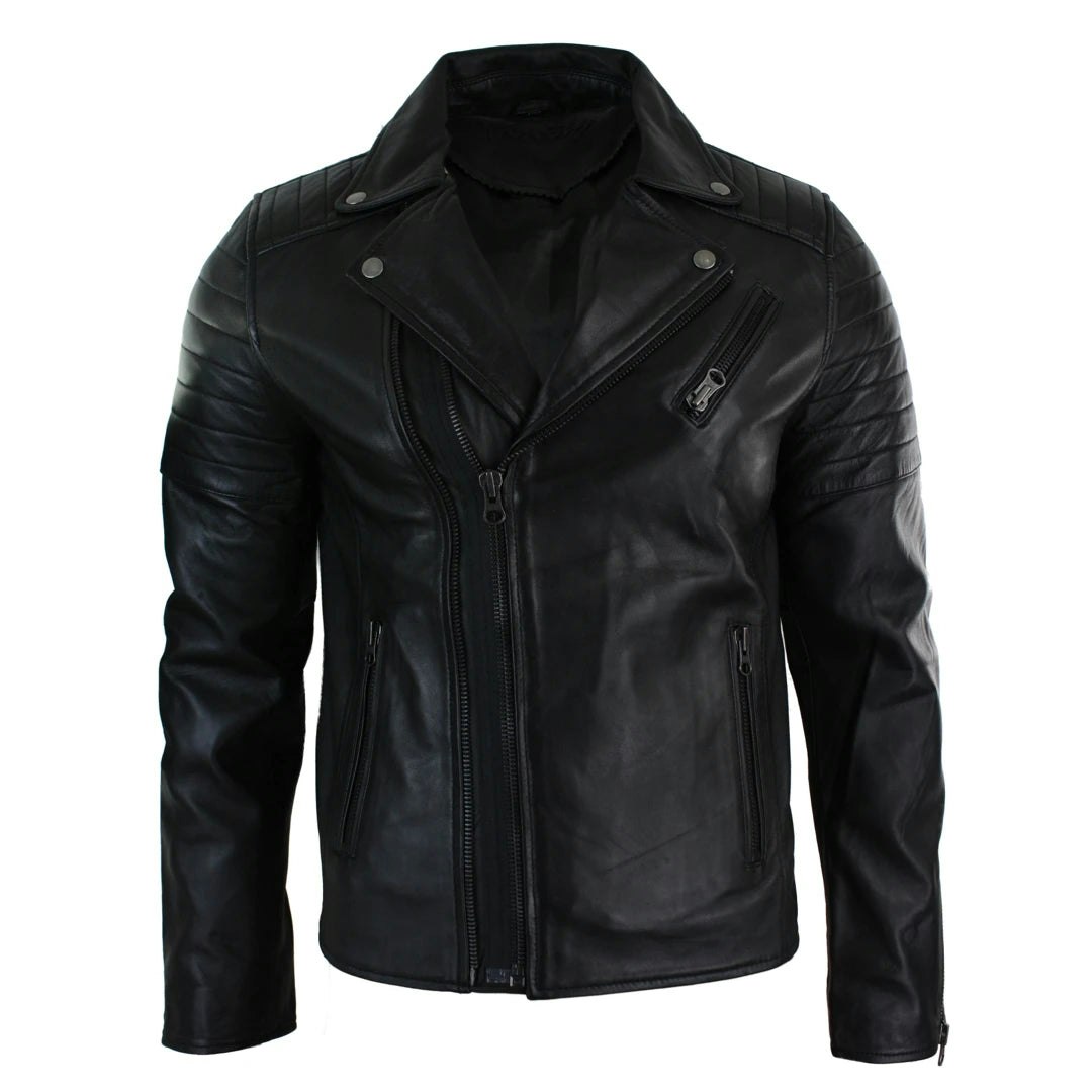 Infinity Leather Men's Black Leather Company Cross Zip Brando Leather Biker Jacket - 3XL