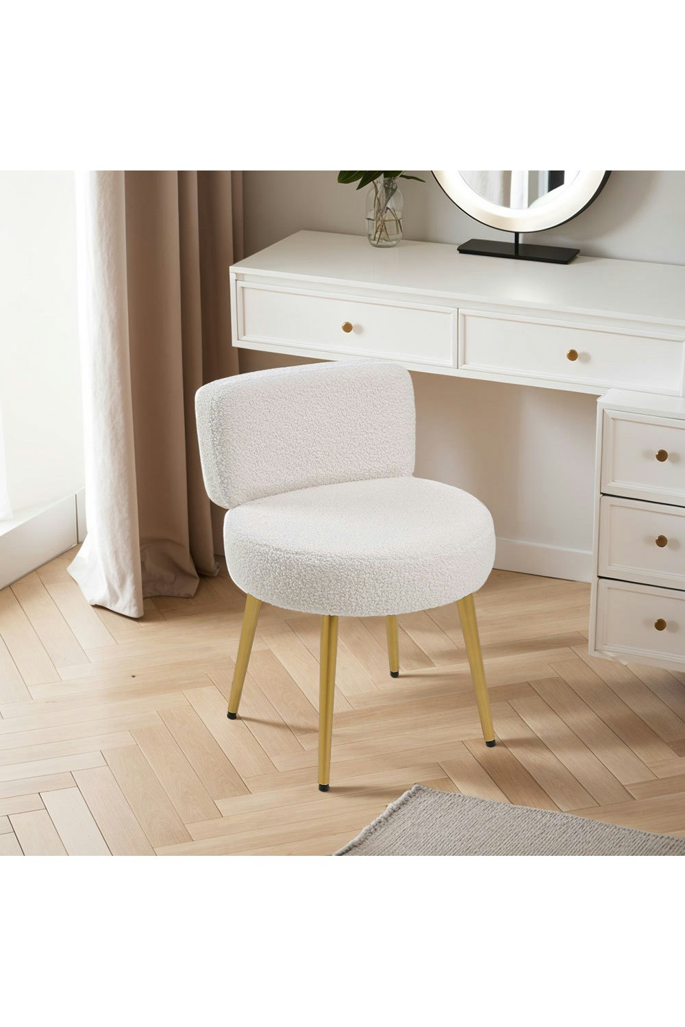 Rackhams Cream/White Faux Fur Vanity Stool Chair With Metal Legs