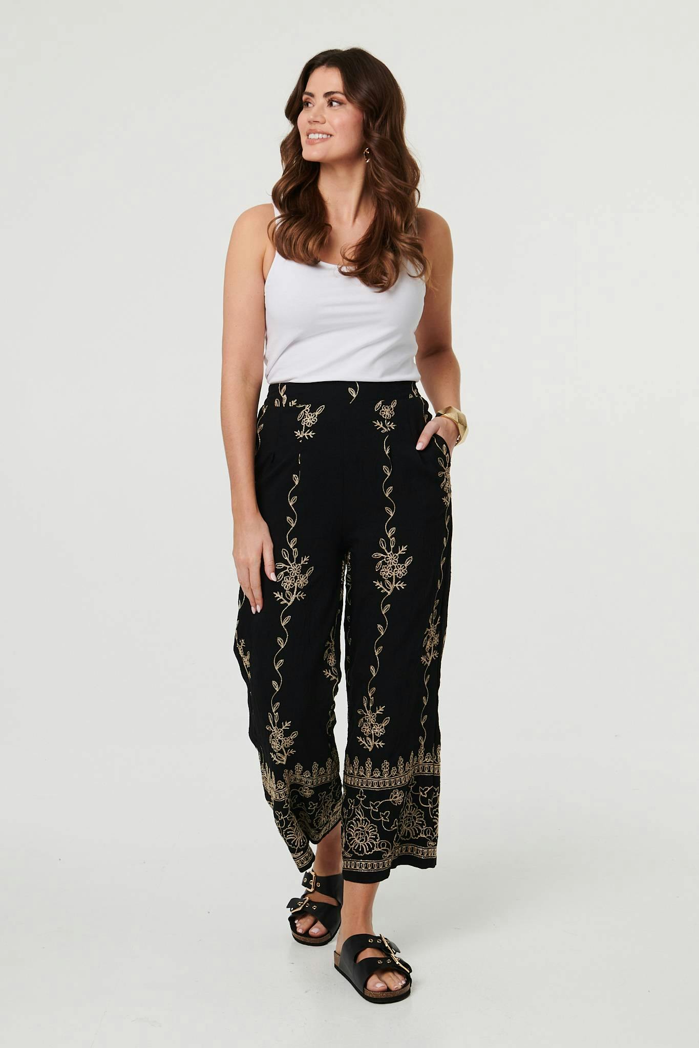 Izabel London Black Embroidered High Waist Wide Trousers - 12