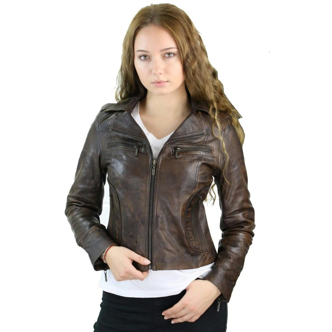 Aviatrix Women's Brown Leather Short Slim Fit Biker Jacket - Uk 18