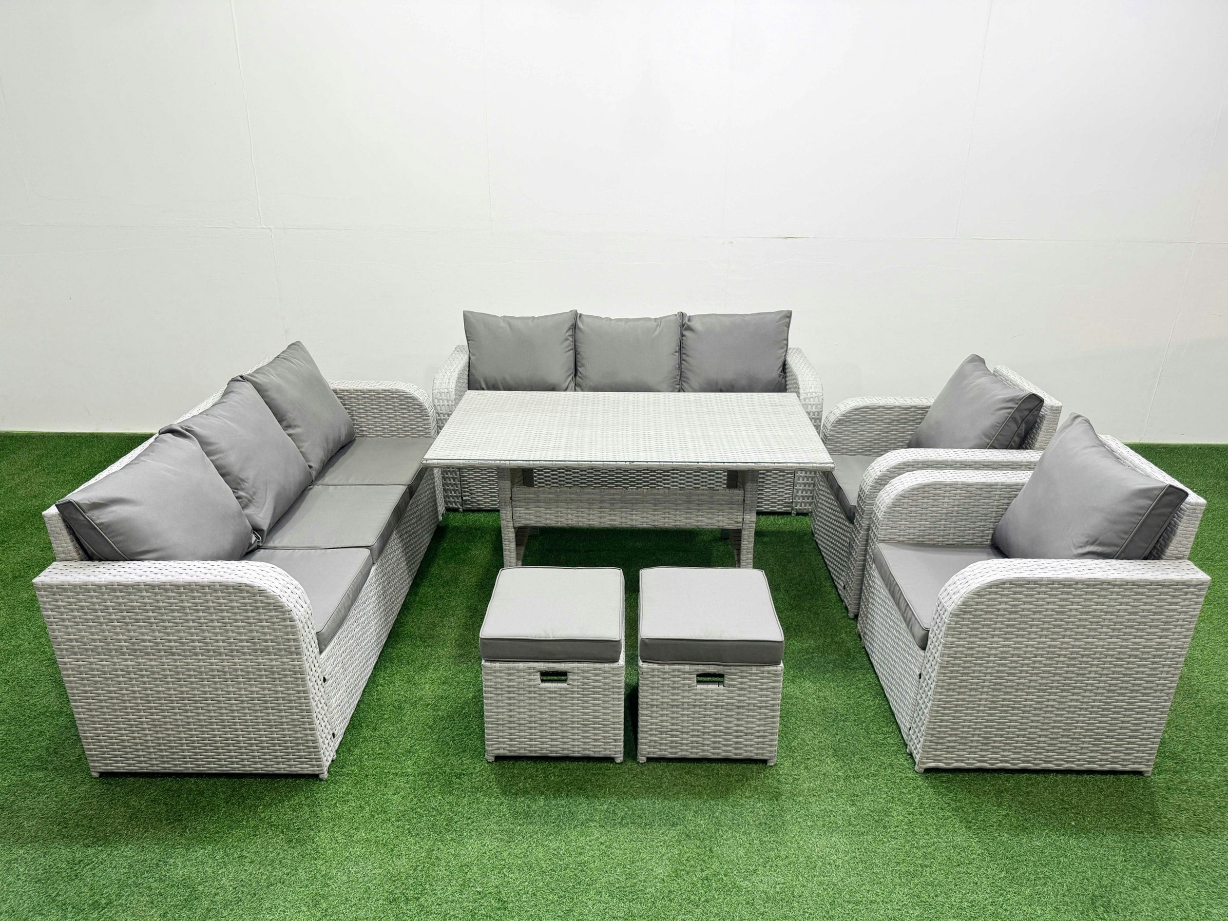Rackhams Light/Grey Pe Rattan High Back Lounge Sofa Set Patio Rectangular Dining Table & Chairs Set With 3 Seater Sofa Reclining Chair Stools