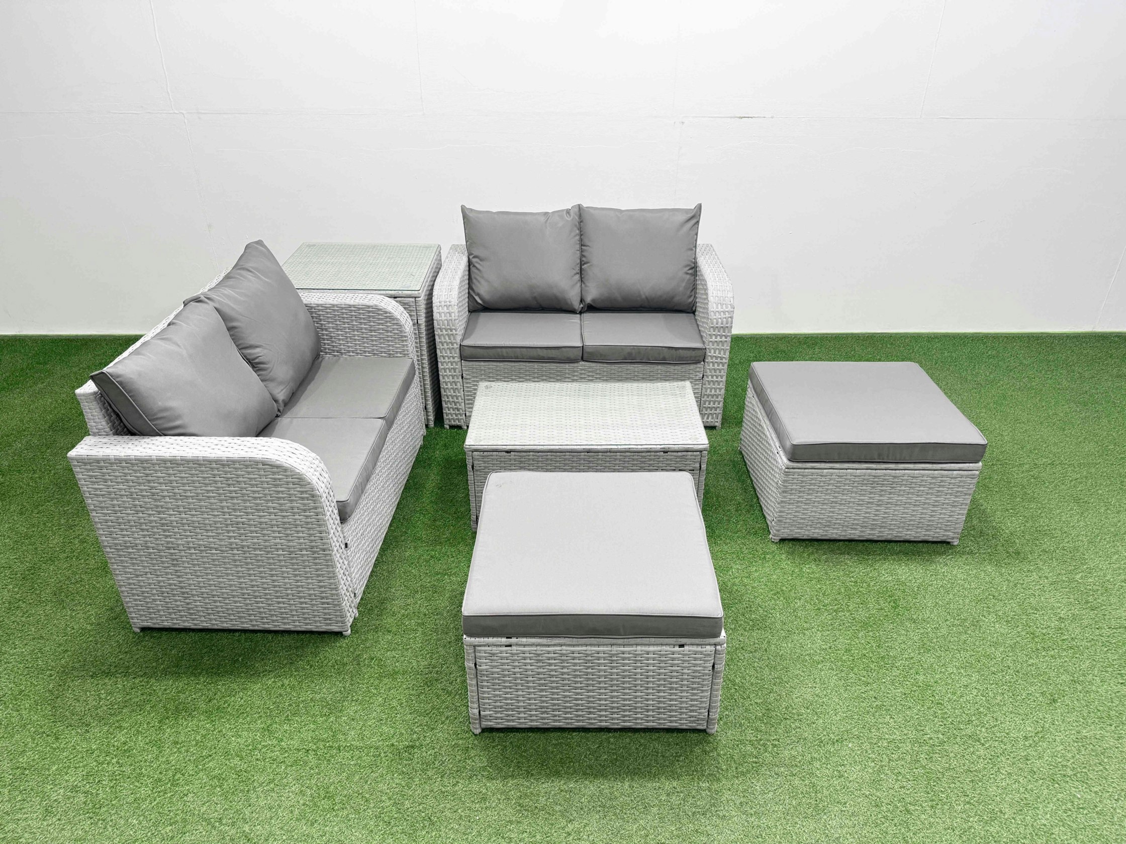 Fimous Light/Grey 6 Seater Outdoor Love Sofa Set Rattan Garden Furniture Set With Rectangular Coffee Table 2 Footstool Side Table