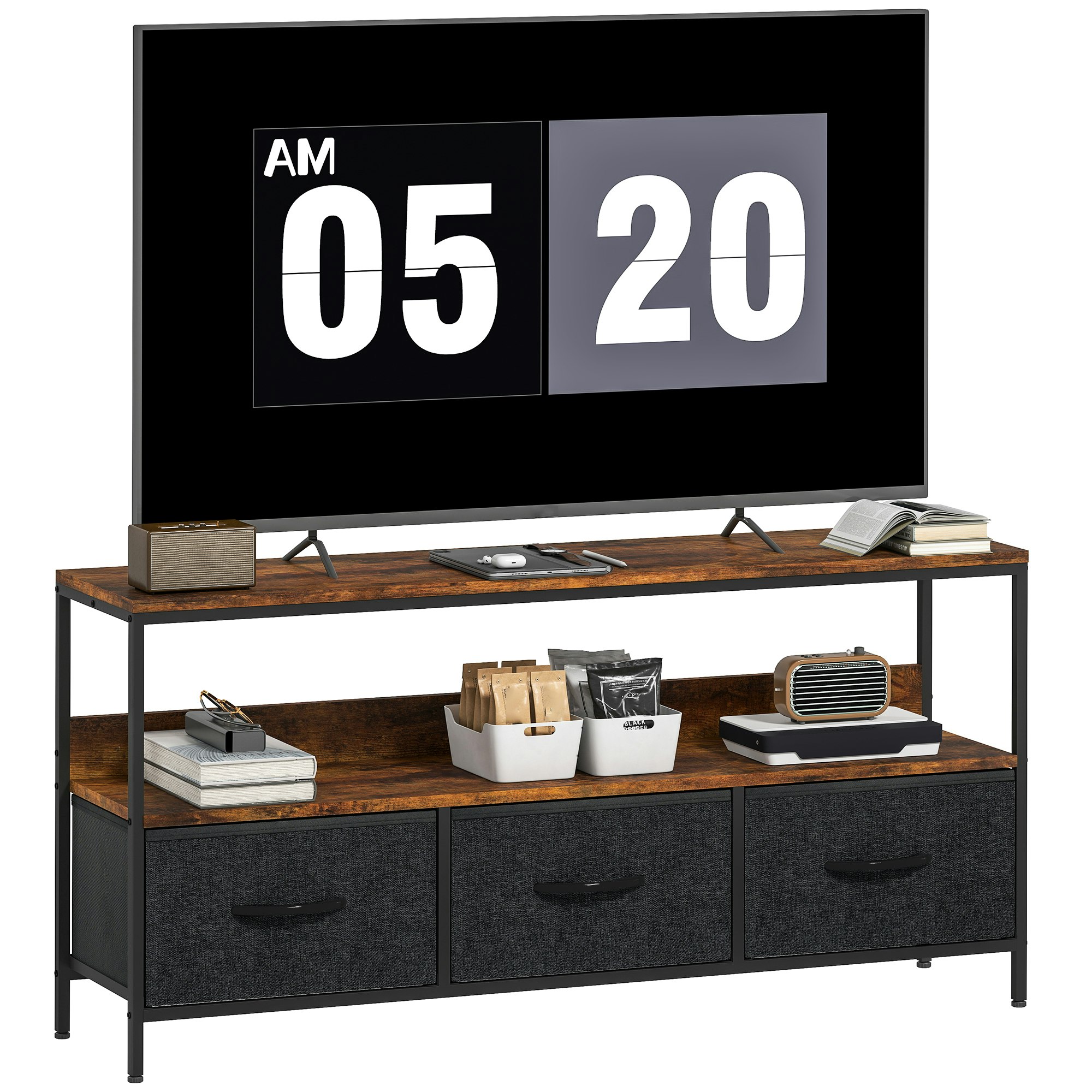 Rackhams Black/Brown Tv Cabinet, Tv Console Unit With Foldable Linen Drawers - Rustic Size 3