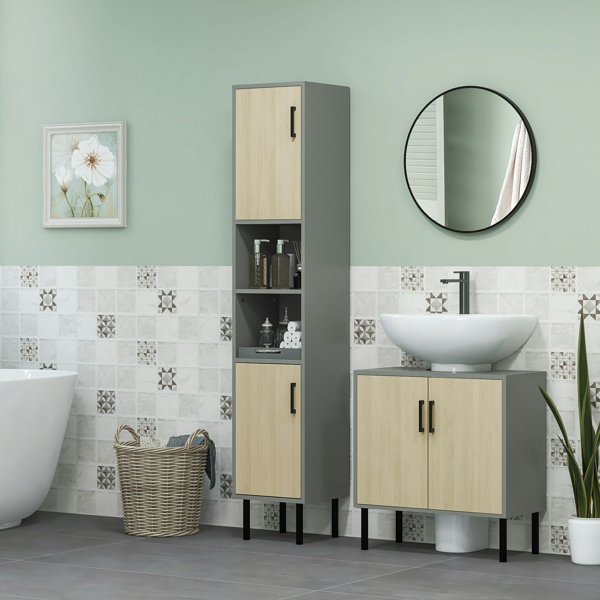 Rackhams Bathroom Sink Cabinet, Under Sink Basin Storage Cupboard With Shelf - Natural Wood Finish
