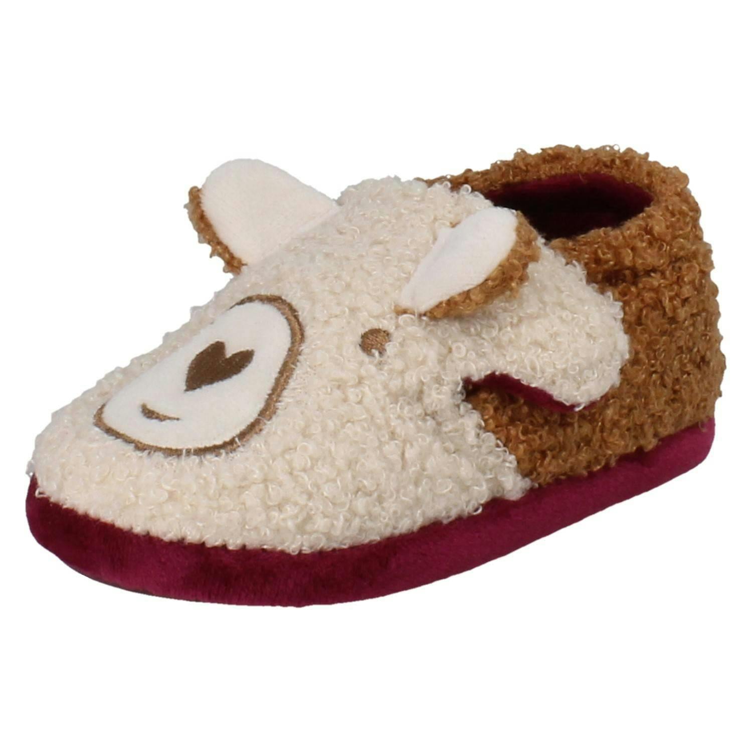 Clarks Cream Childrens Print Detailed Slippers - Fluffy Snug T - Teddy - Uk 9 Child